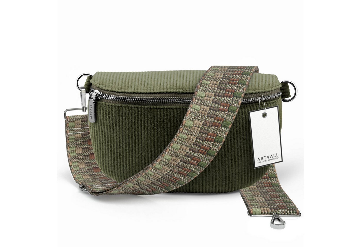 ARTVALL Umhängetasche Cord Handtasche Brusttasche Crossbody Bag Olivgrün (Tasche inkl. Taschenband), Cord Bauchtasche Cordtasche Stoff weich abnehmbarer Taschengurt Klein