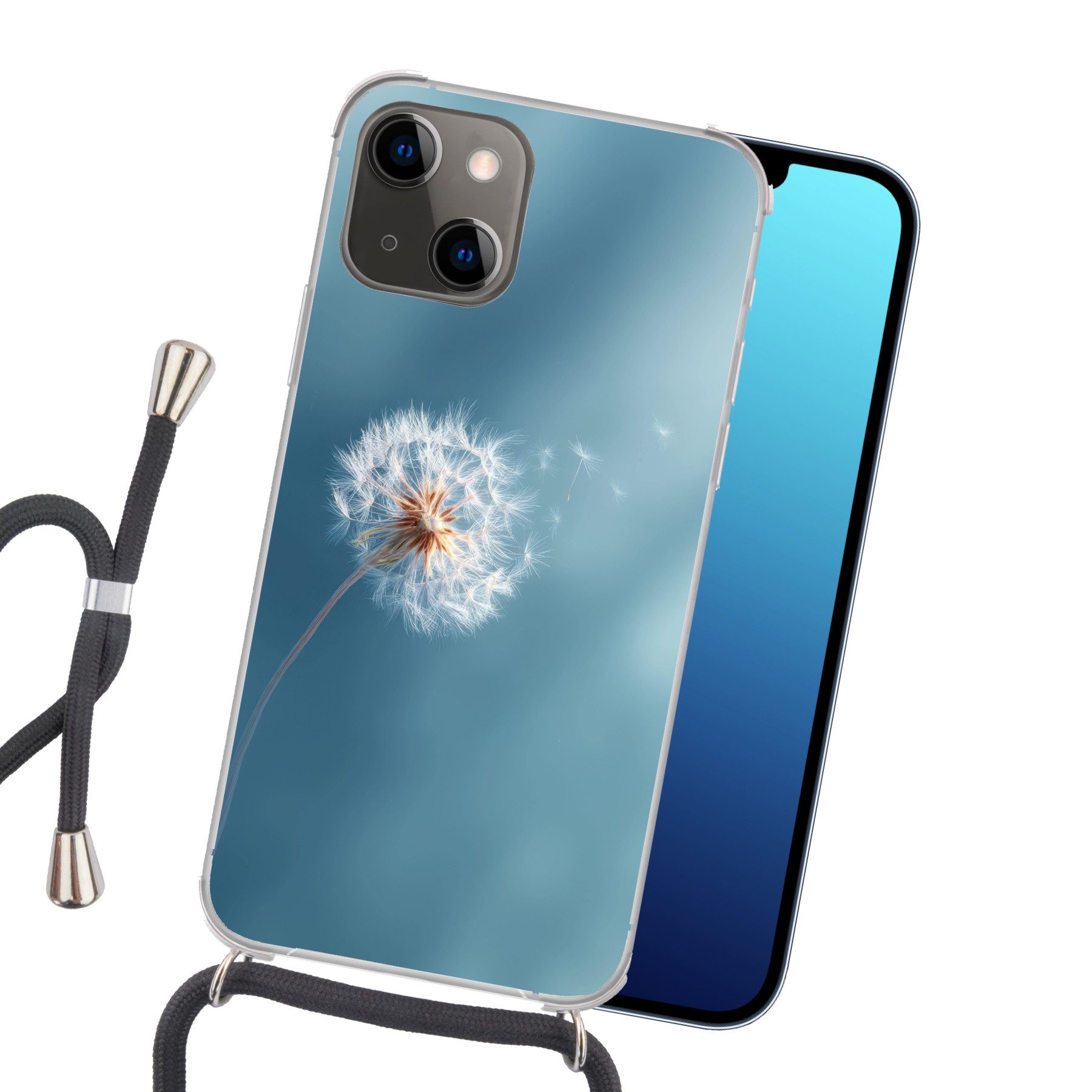 MuchoWow Handyhülle für Apple iPhone 13 Mini Löwenzahn - Wind - Blau, Tragbare Handyhüllen mit Kette zum umhängen, Handykette Handyband