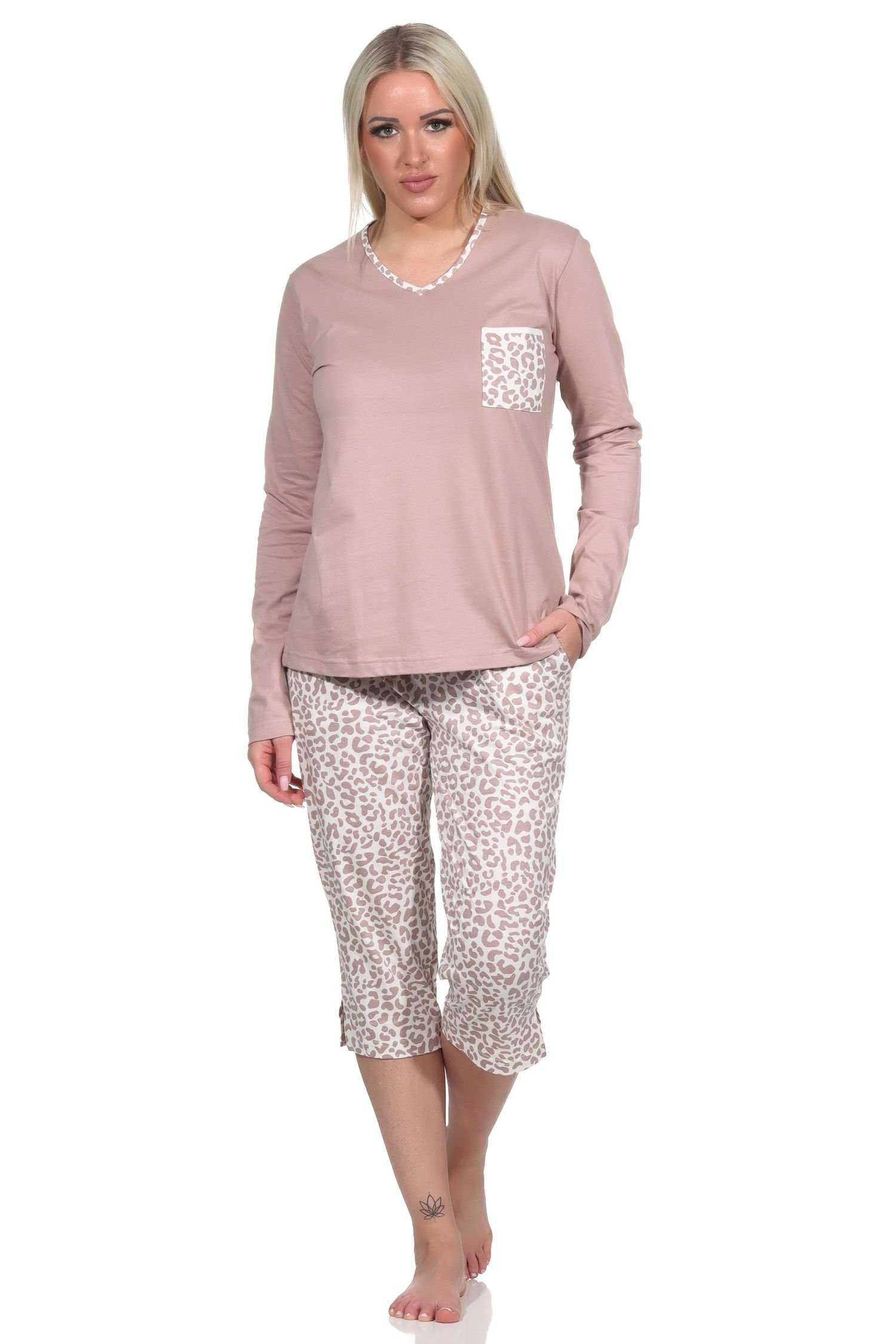 Normann Pyjama Damen Pyjama kurzarm Schlafanzug mit in Optik braun Leo-Print Caprihose