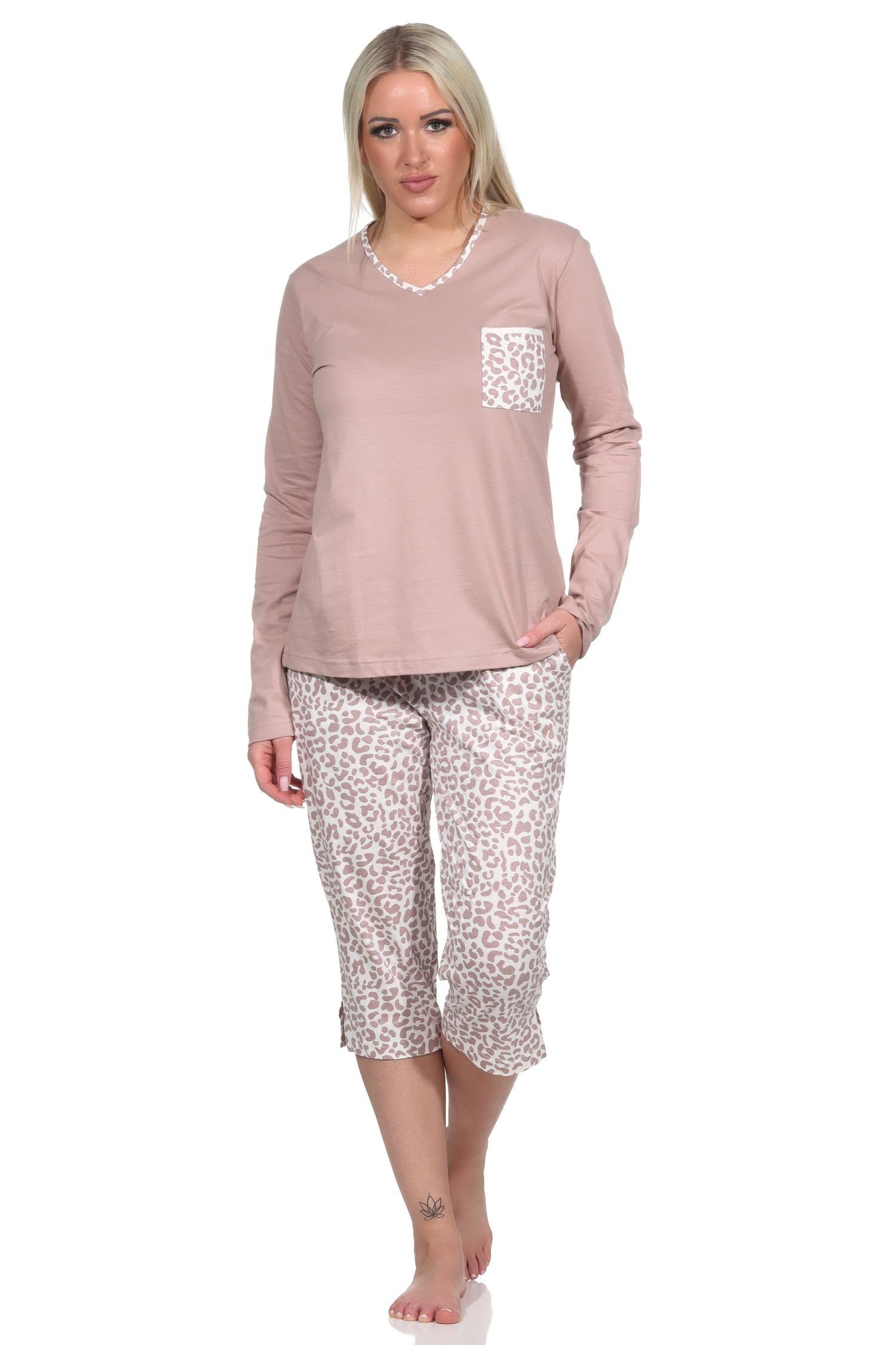 Damen Leo-Print Pyjama Pyjama Schlafanzug Optik mit Caprihose kurzarm in Normann