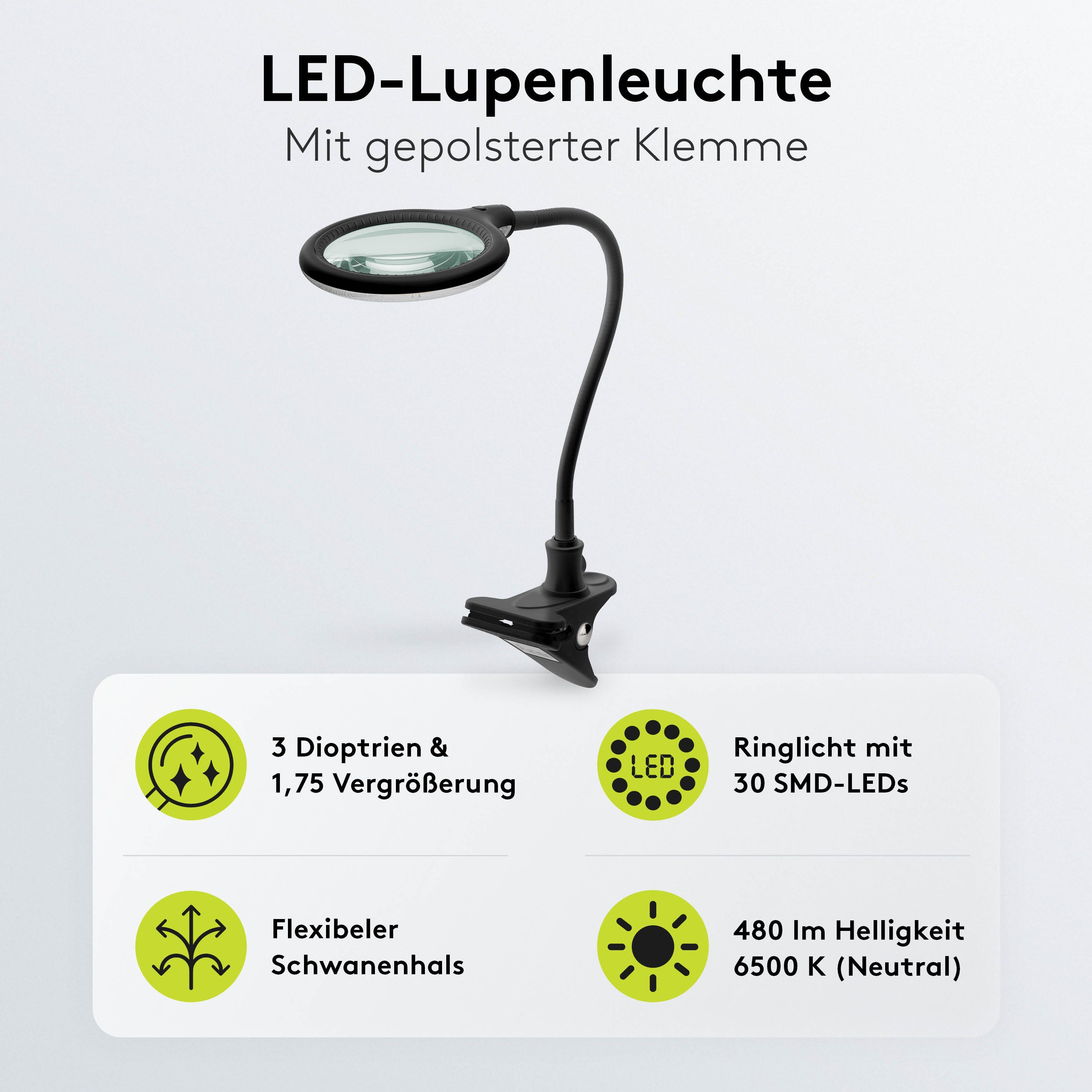 Goobay Lupenlampe 6 W LED-Lupenleuchte mit Klemme, SMD LED, kaltweiß, 6500 K