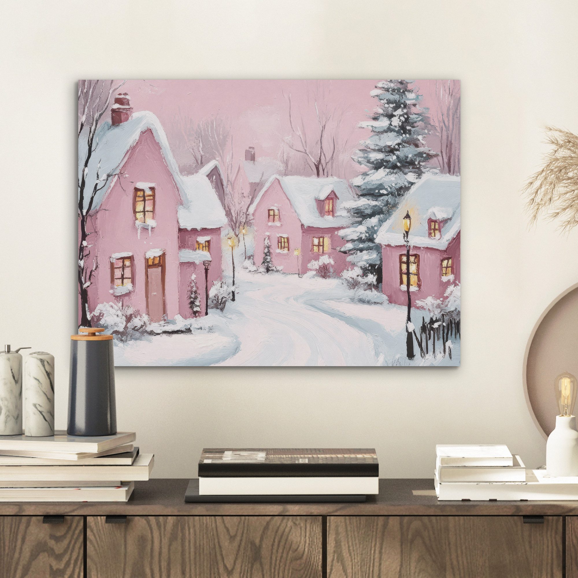 MuchoWow Gemälde Weihnachtsdorf - Rosa - Winter - Schnee - Häuser, Fotodruck (1 St), Akustikpaneele PET-Filz, Akustikbild, Schalldämmung, Deko 40x30 cm