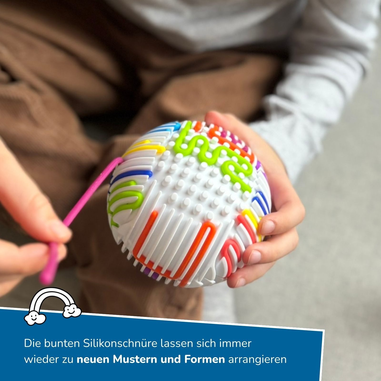 alldoro Fidget-Gadget Fidget Sensorik-Ball m.16 bunten Silikon-Schnüren für kreative Muster, sensorisches Anti-Stress Spielzeug für Kinder, für zuhause & Unterwegs