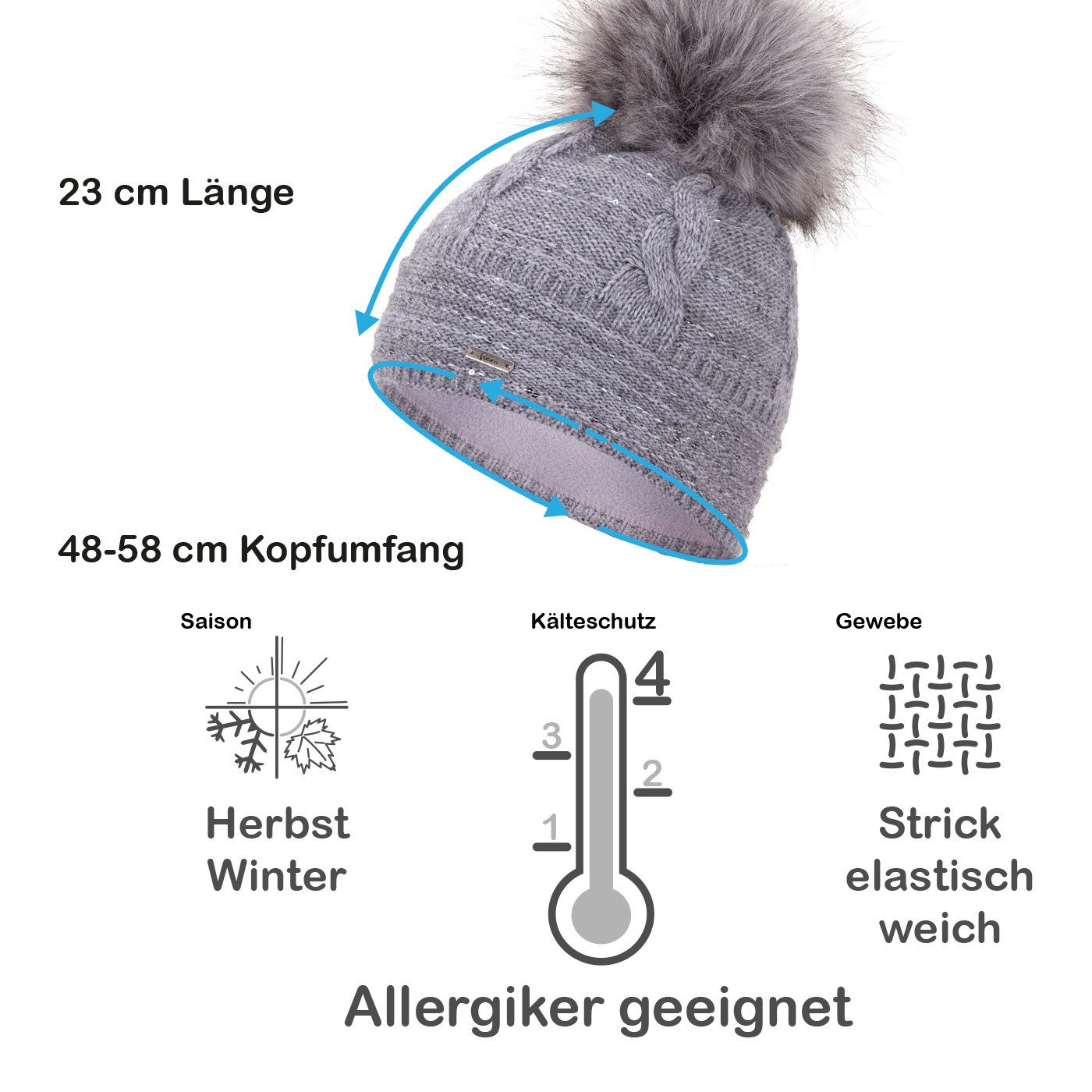 Faera Bommelmütze Wintermütze Damen Herren Mütze Beanie Haube gefüttert Bommelmütze