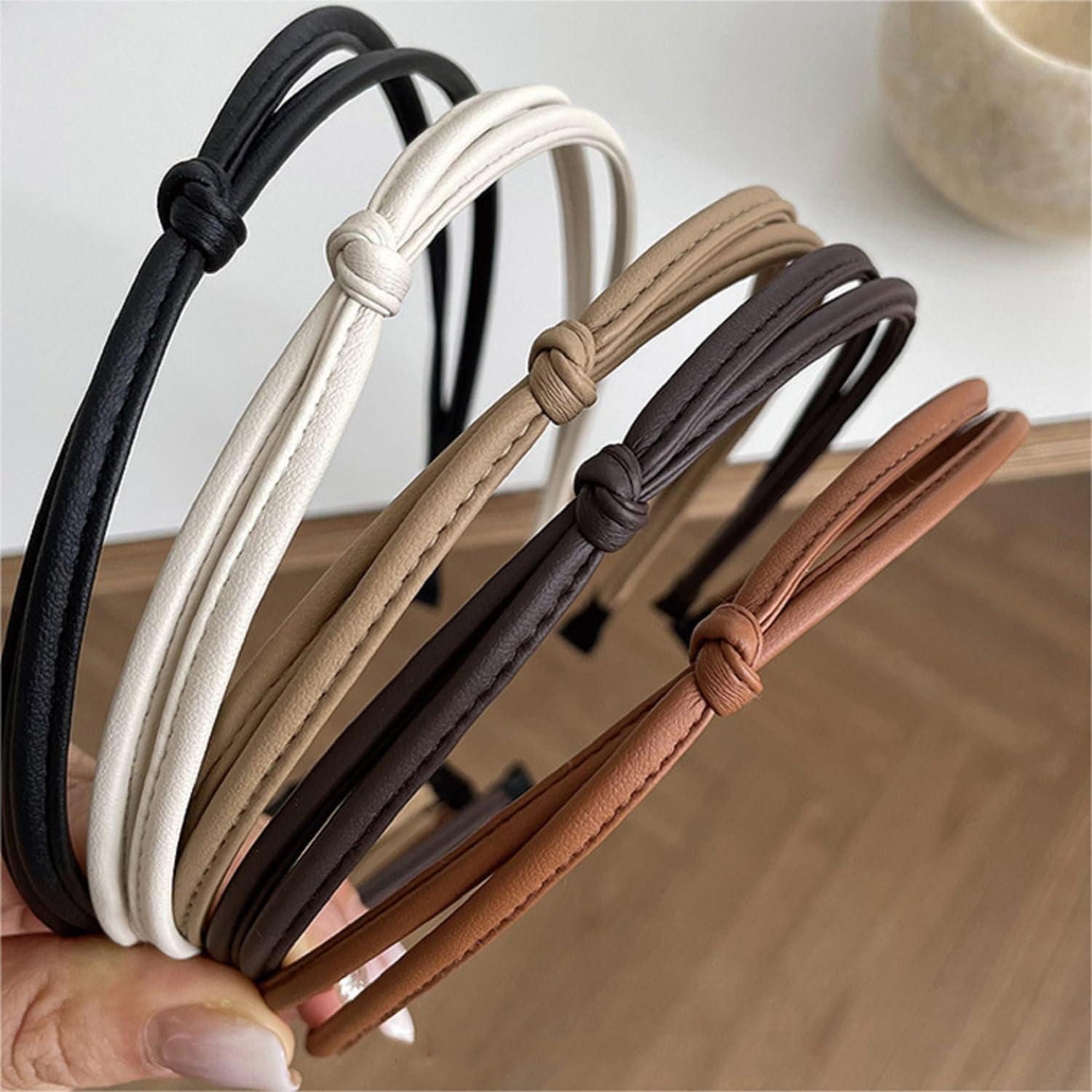 LuxusKollektion Haarreif 5 Stück Leder Stirnbänder für Damen Haarreifen Set Schwarz Braun