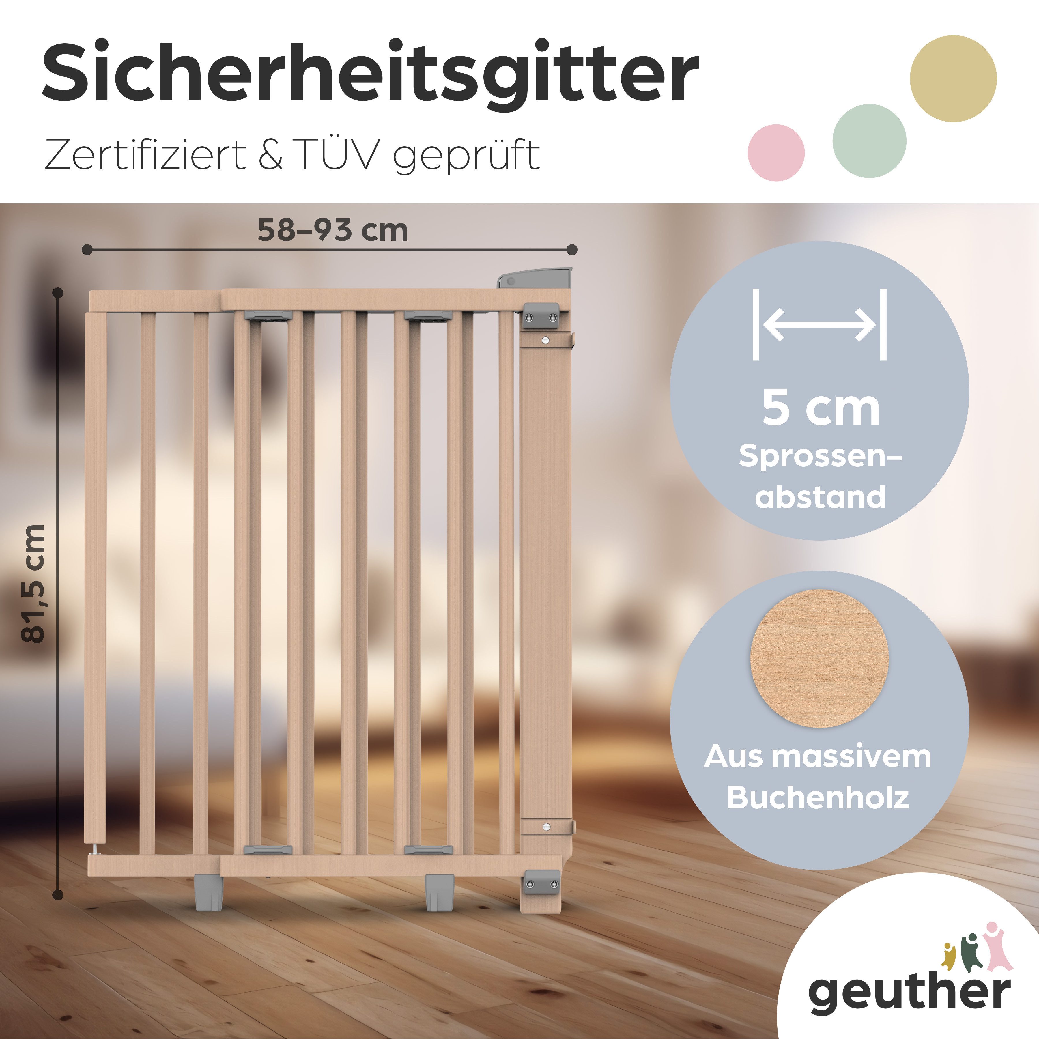 Geuther Türschutzgitter Oris zum Bohren 58-133 cm Natur, Barrierefreier Durchgang - für Erwachsene leicht zu öffnen