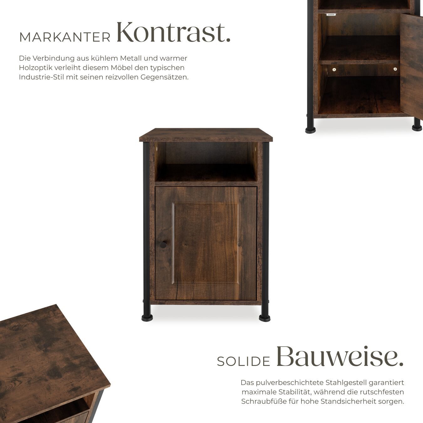 tectake Nachttisch Couchtisch mit höhenverstellbaren Kunststofffüßen, 40 x 42 x 60,5 cm (Beistelltisch Blackburn, 1-St., in Industrial Holz dunkel, rustikal), Ablage, offenes Staufach, Staufach mit Magnettür und Einlegeboden