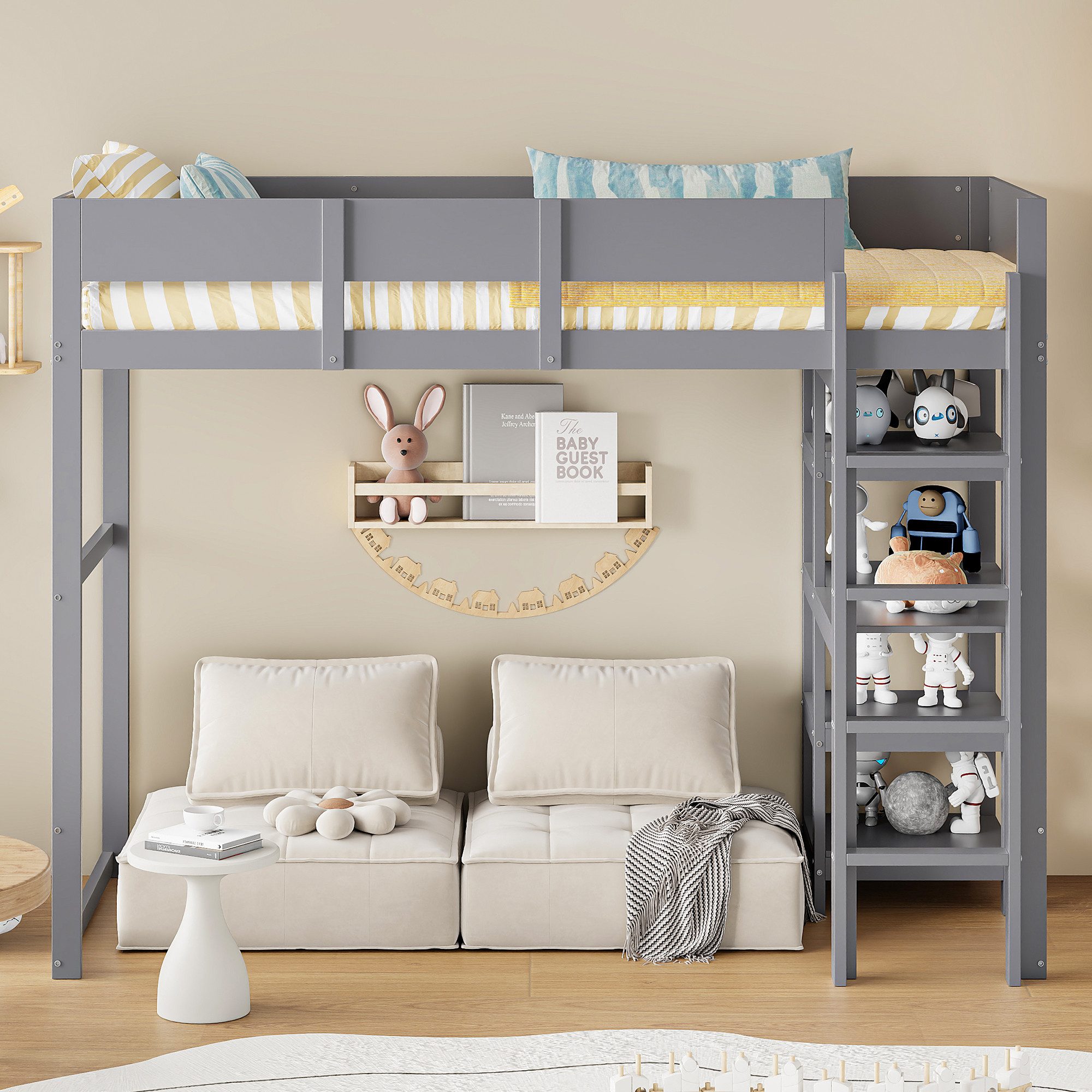 Flieks Hochbett Massivholz Kinderbett 90x200cm mit Tisch und Stauraumregale günstig online kaufen