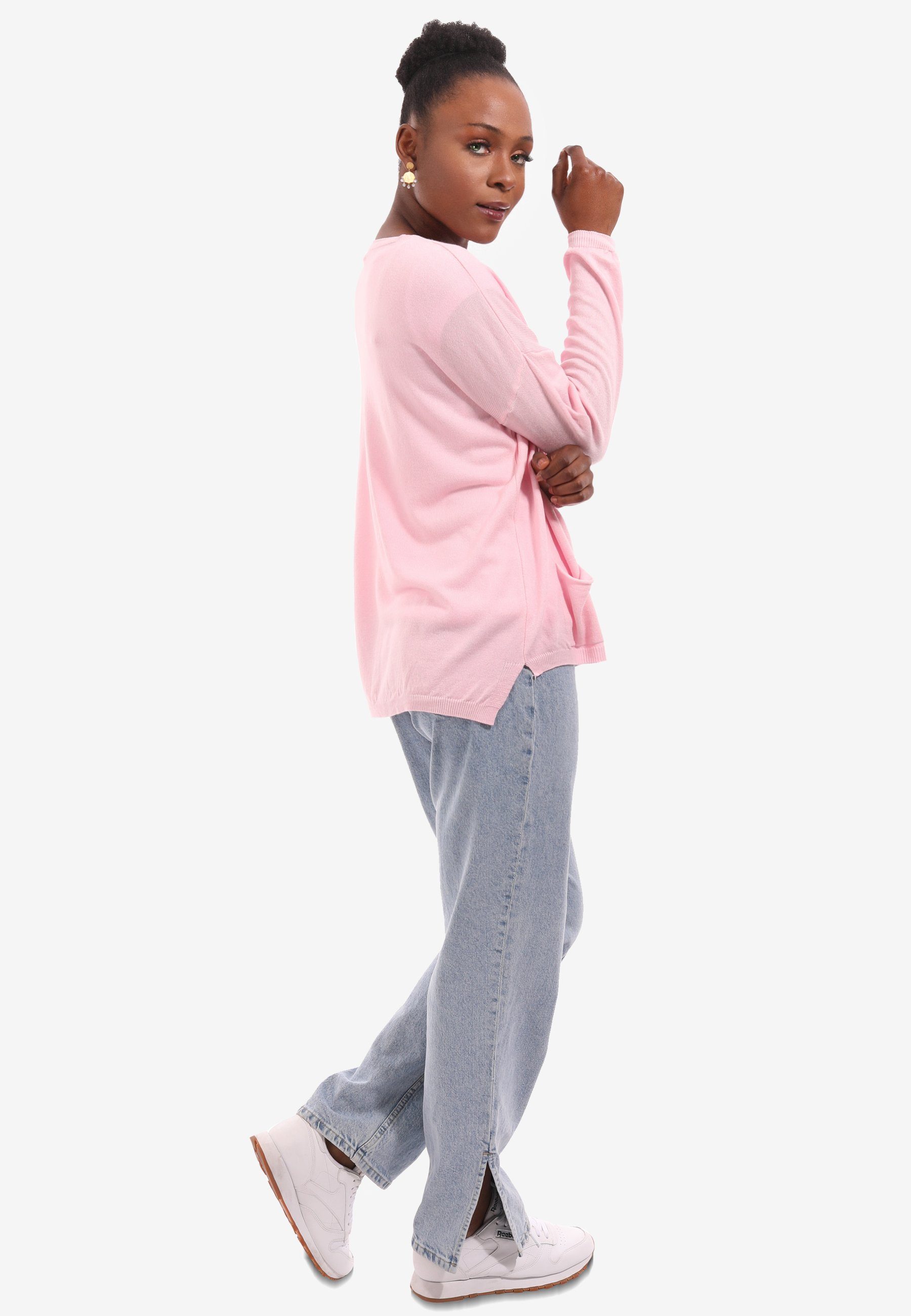 Cardigan locker & YC Knopfleiste in Fashion mit geschnitten, Unifarbe, Vorne Feinstrick (1-tlg) Cardigan - Style rosa geknöpft,