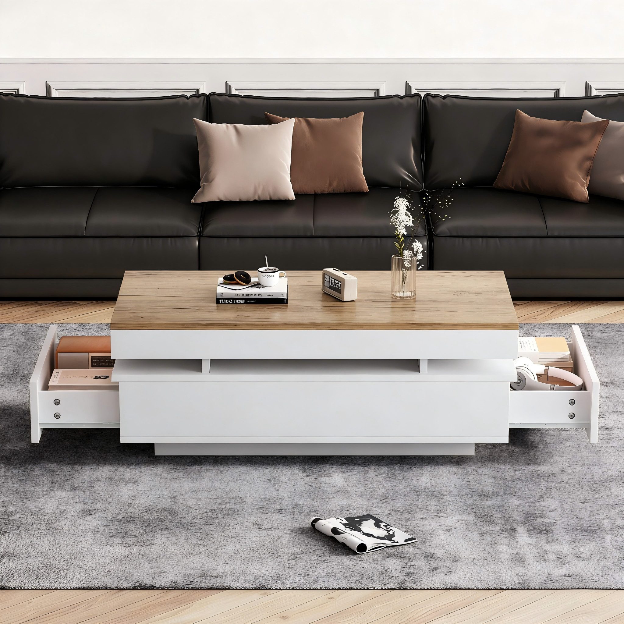 MODFU Couchtisch Hochglänzender Beistelltisch mit atmosphärischer LED (Packung, 1-St., Ideal als stylischer Teetisch oder funktionaler Sofatisch), In Weiß/Holzton, 100x50x35 cm, inkl. 2 Schubladen