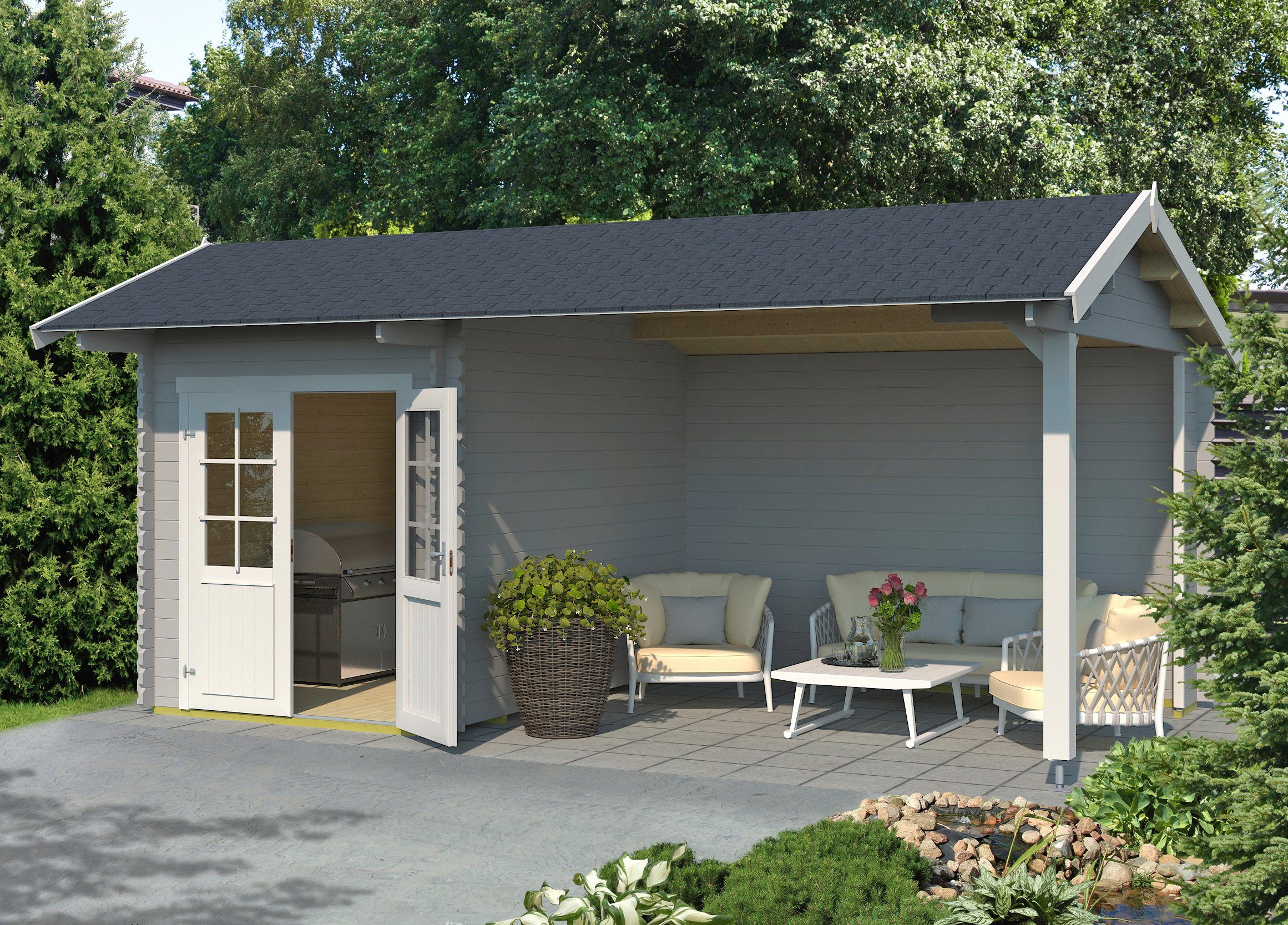 LASITA MAJA Gartenhaus Kenzo 300, BxT: 580x389 cm, (Set), Blockbohlenhaus 34mm mit Anbau