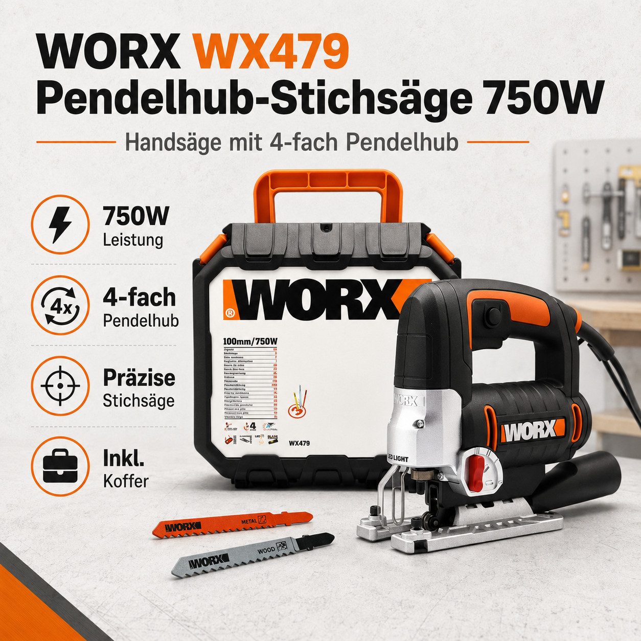 Worx Stichsäge Pendelhubstichsäge 750W Handsäge mit 4-facher Pendelhubeinstellung, Pendelhub Stichsäge Elektrostichsäge Sägemaschine Renovierungswerkzeug
