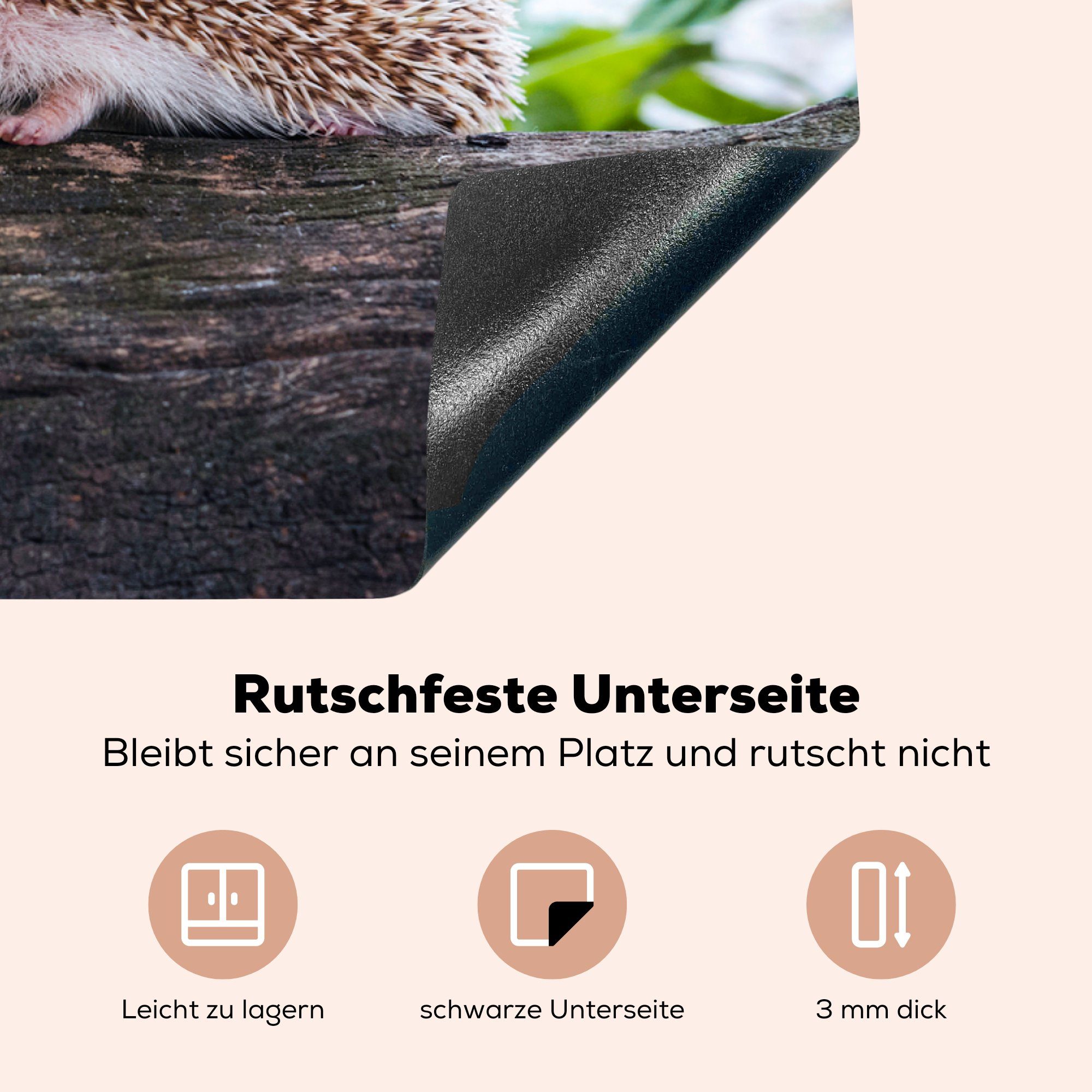 Baumstumpf, die läuft tlg), MuchoWow Induktionskochfeld (1 für 81x52 Herdblende-/Abdeckplatte Igel küche, cm, Vinyl, Schutz auf Ceranfeldabdeckung