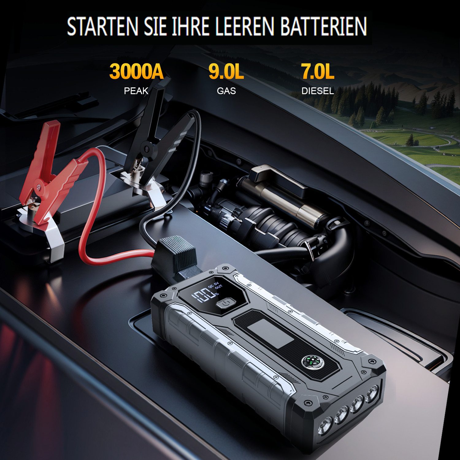 Insma Auto Starthilfe Powerbank 3000A 12V Starthilfegerät, 3 Mode LED-Leuchte, für Benzin bis 9,0L & Diesel bis 7,0L – Bild 2 von 5