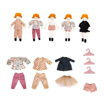 Moulin Roty Puppen Reiseset Kleiner Schrankkoffer les Parisiennes mit Stoffpuppe Koffer 3 Outfits