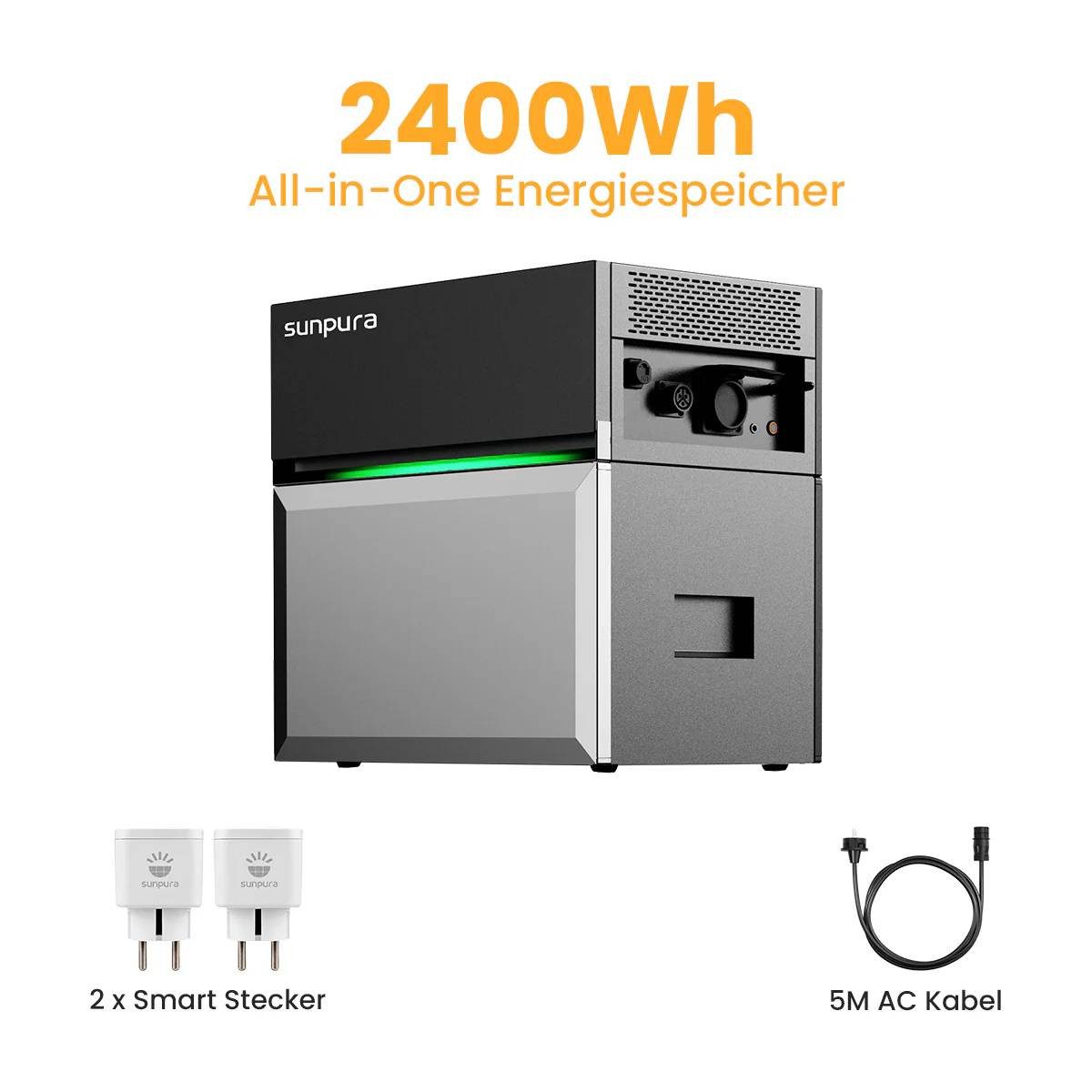Sunpura Balkonkraftwerk Sunpura All-in-One Speichersystem S2400 2,4kWh Akku, Speicher, (Smart Meter oder Steckdose im Lieferumfang enthalten), All-in-One-Speicher mit 2,4 kWh