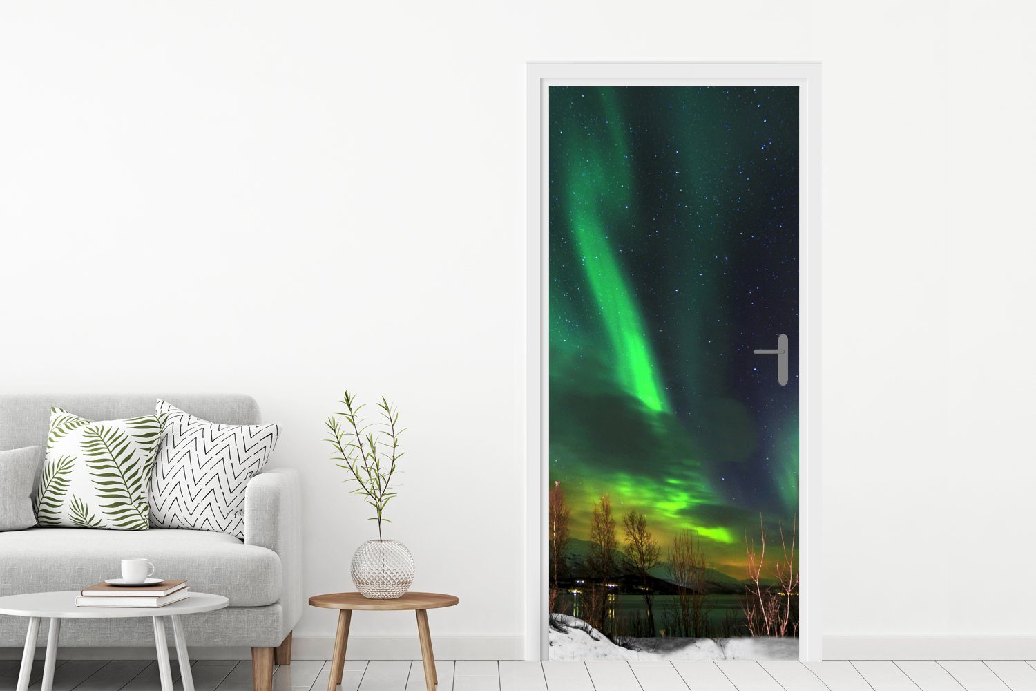 Leuchtturm Türtapete Tür, bedruckt, St), Norwegen, 75x205 Matt, cm - für (1 Türaufkleber, - Fototapete MuchoWow Nordlichter