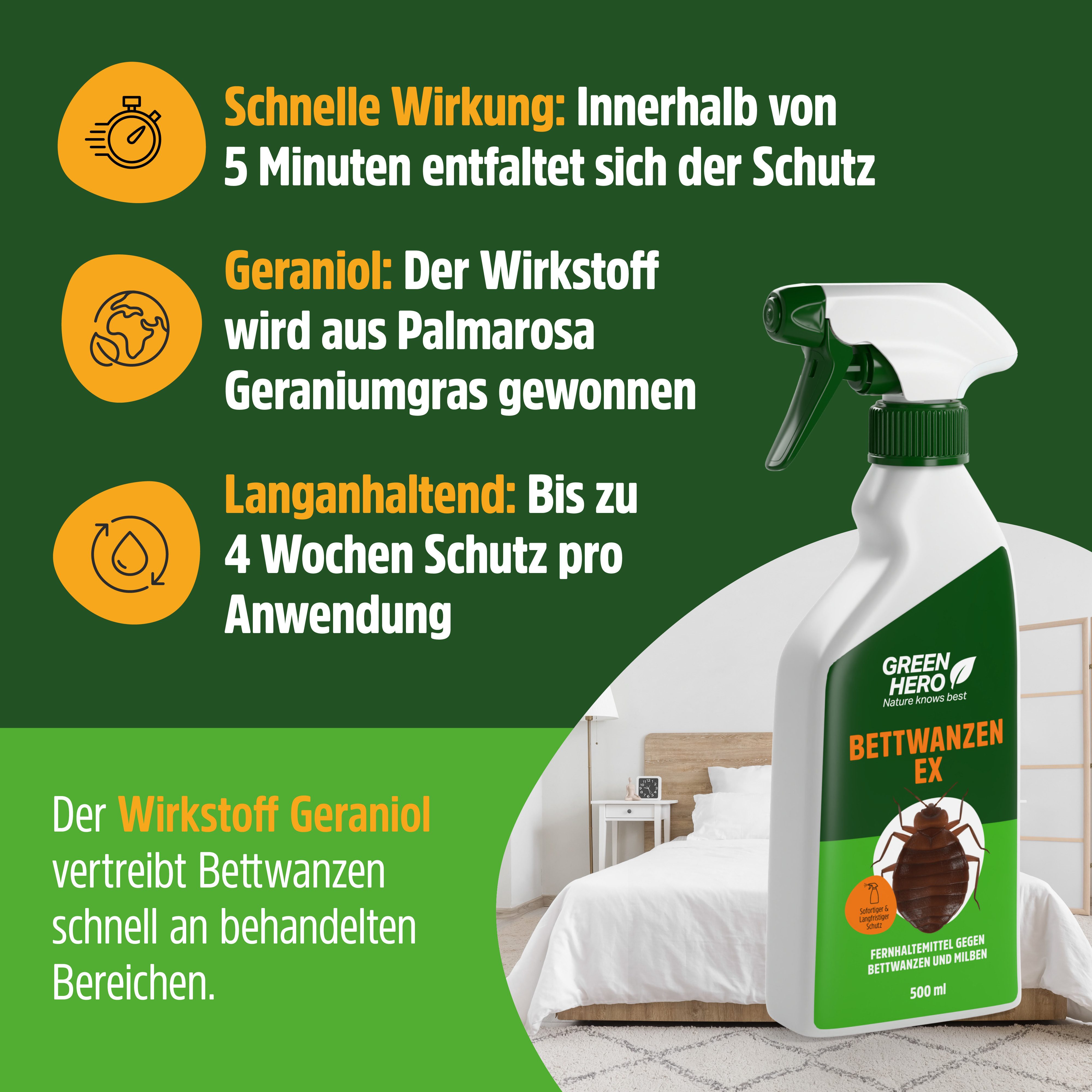 GreenHero Insektenspray Bettwanzen-Ex Spray zur Bettwanzenbekämpfung, 500 ml, Bettwanzen Mittel