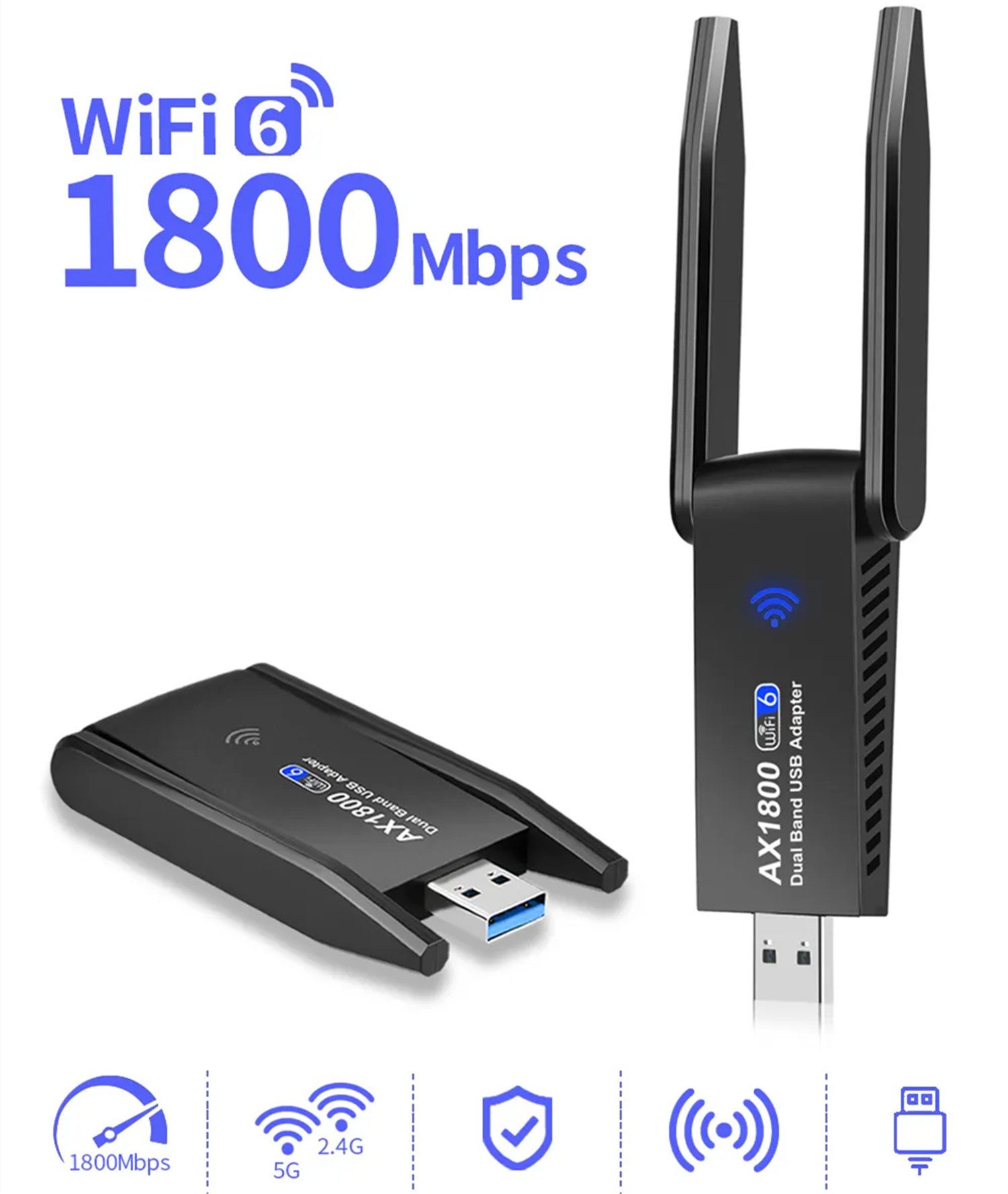 WLAN-Stick 1800Mbps USB WiFi AC Dongle Wireless Adapter Dual Band 2.4GHz 5GHz