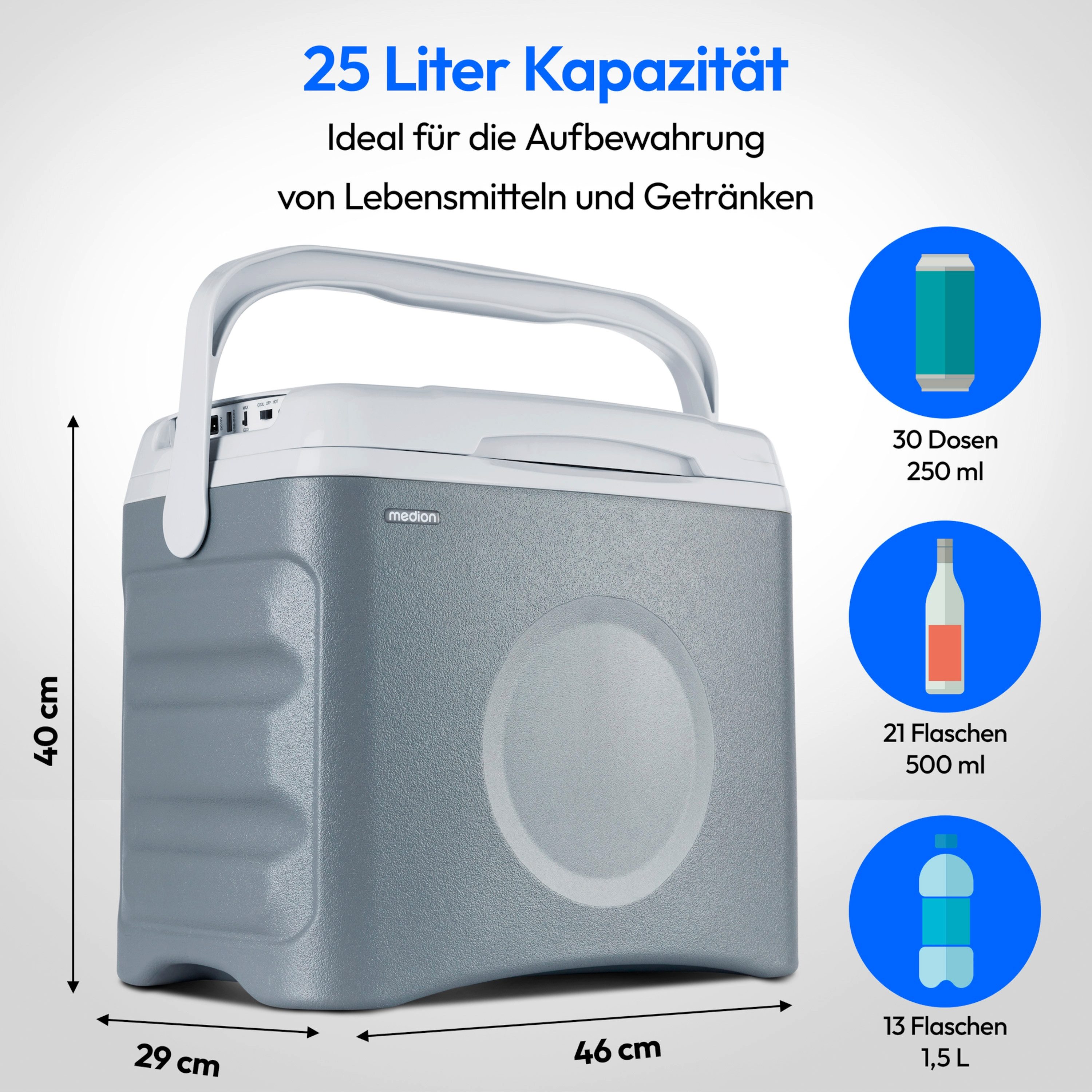 Medion® Kühlbox Thermoelektrisch MD10735, 25 Liter, Kühl und Warmhaltefunktion, für Auto, Boot & Camping, grau