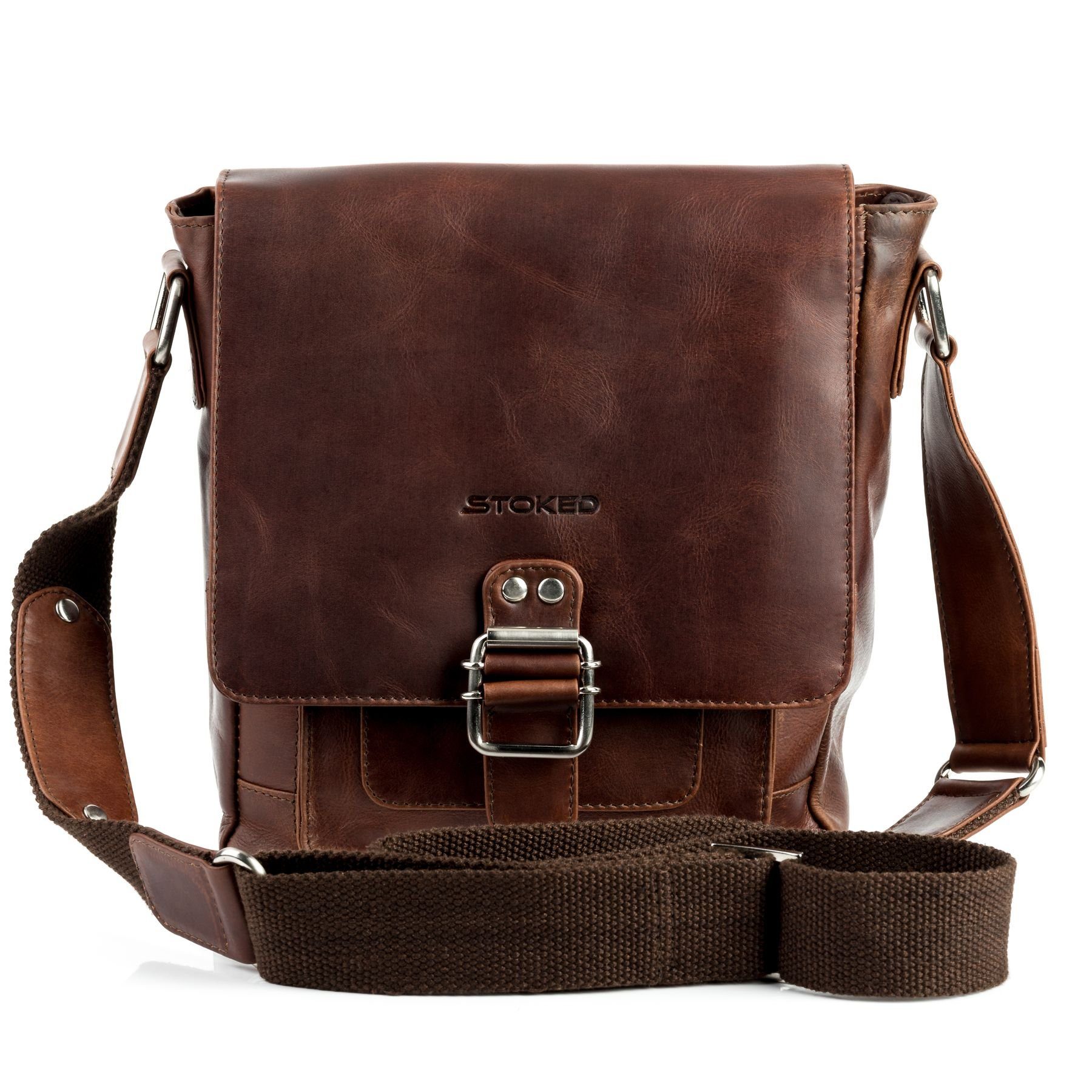 STOKED Messenger Bag Leder Umhängetasche Unisex NATHAN, Kuriertasche Echtleder, Businesstasche, Aktentasche Damen Herren braun