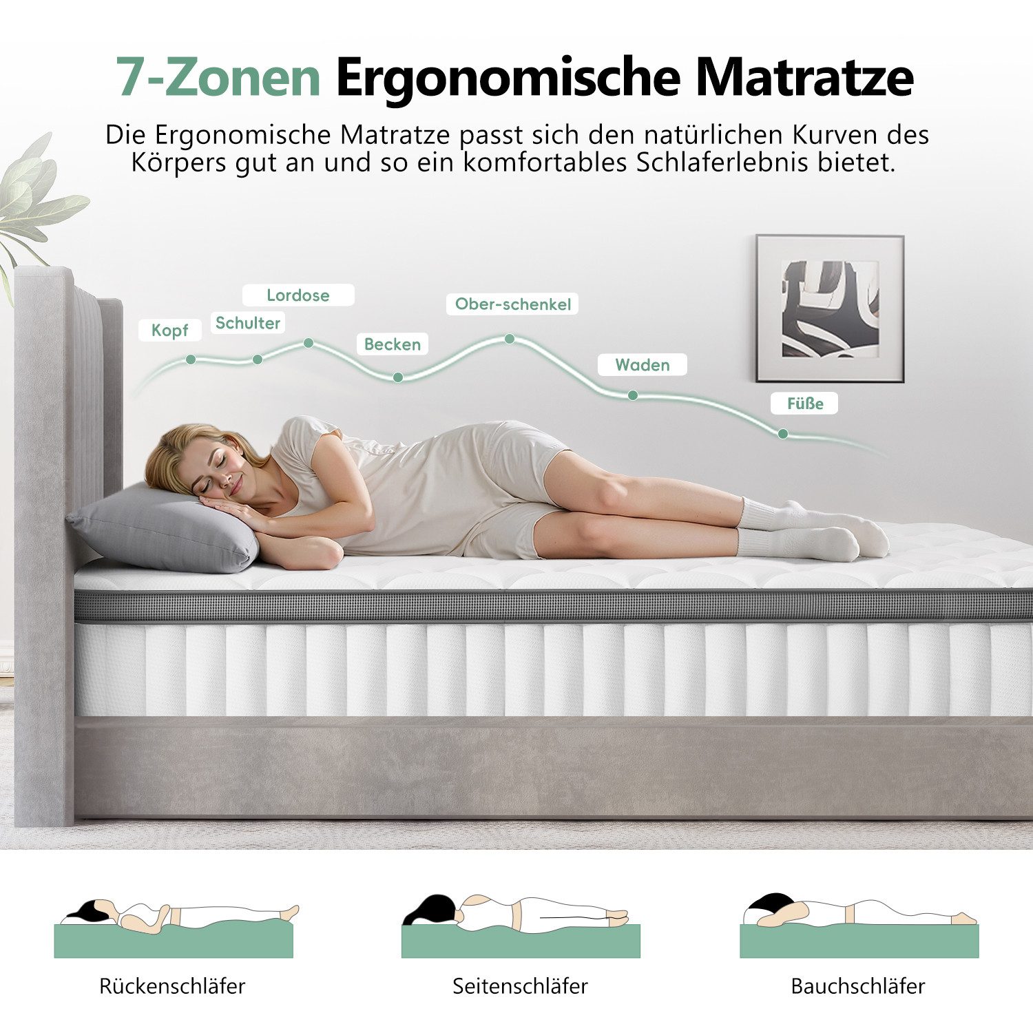 Taschenfederkernmatratze Matratze, 7 Zone Federkernmatratze Matratzen mit Spannbettlaken, Lexzurn, 25 cm hoch, (Matratze 90x200 für Kinder und Erwachsene, 7 Zon – Bild 3 von 5