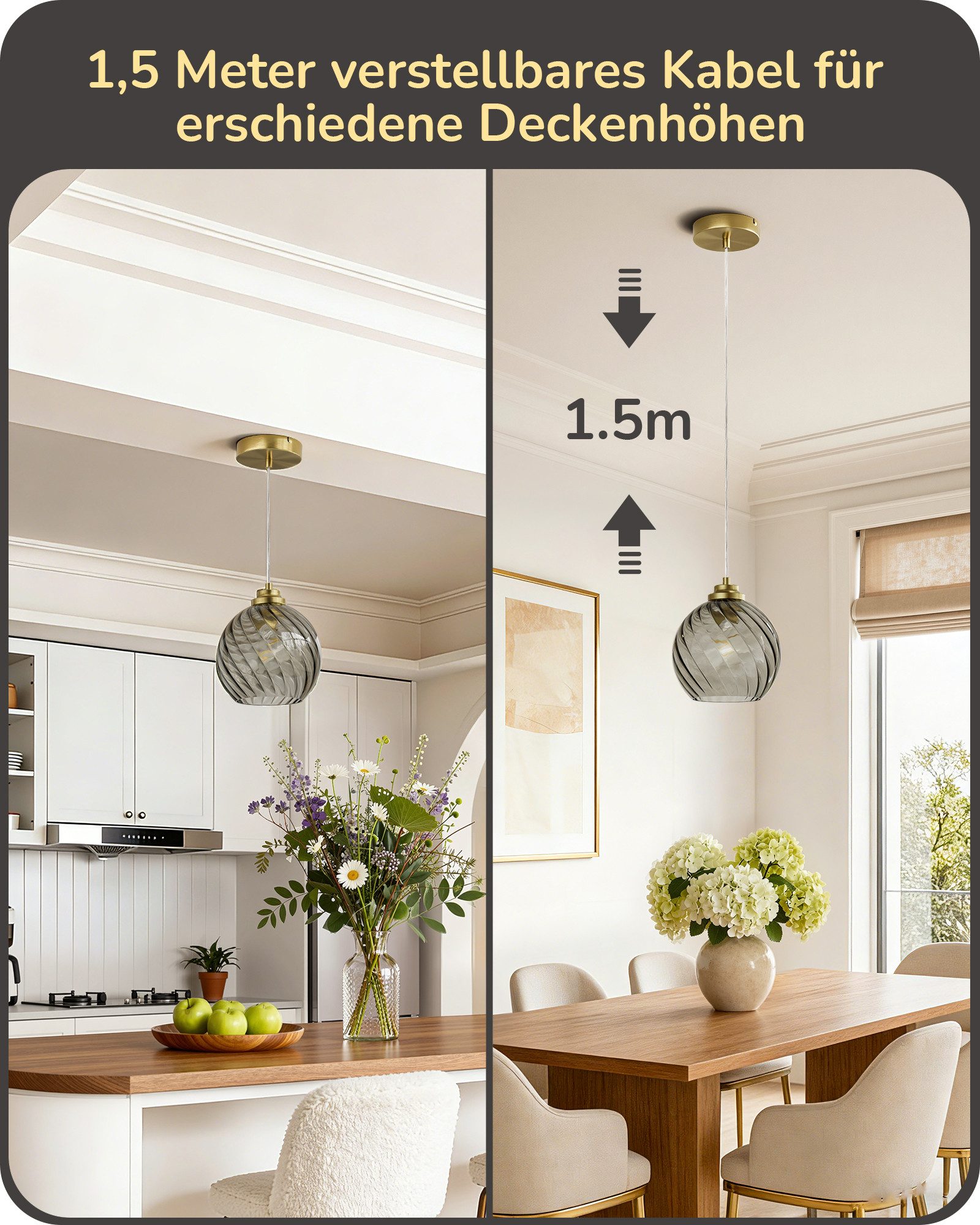 EDISHINE Pendelleuchte für Esstisch, Hängeleuchte mit Glas Lampenschirm, Höhenverstellbar, LED wechselbar, warmweiß, Hängelampe für Kücheninsel, Flur, Rauchgrau – Bild 5 von 5