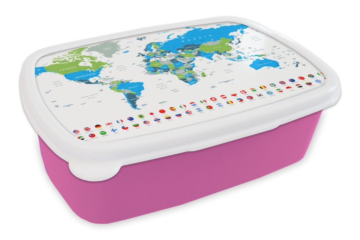 MuchoWow Lunchbox Weltkarte - Flagge - Blau - Grün, Kunststoff, (2-tlg), Brotbox für Erwachsene, Brotdose Kinder, Snackbox, Mädchen, Kunststoff rosa | Lunchboxen