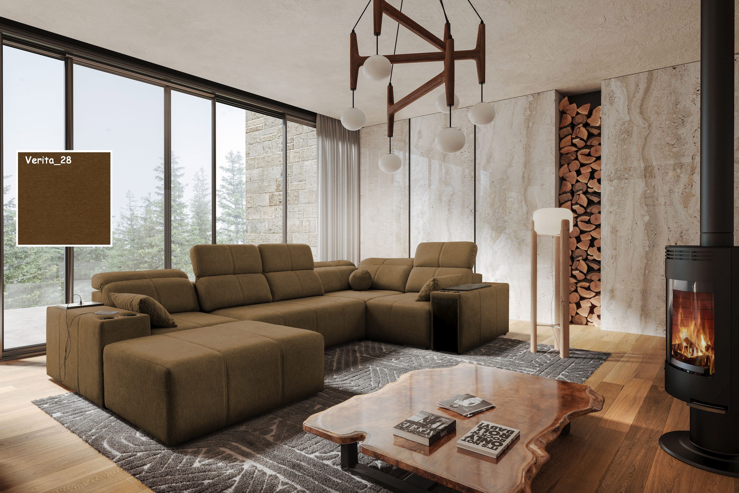 Möbel für Dich Wohnlandschaft Mindy 4 in U-Form mit Sitztiefenverstellung, USB, Ablagen und Hocker, mit Bettfunktion und Bettkasten