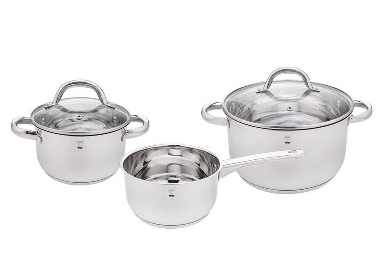 Gustav Voss Topf-Set Edelstahl Kochtopfset Topfset Topf Kochtopf, Edelstahl (Kochset, 5-tlg., 3 Kochtöpfe, 2 Glasdeckel mit Dampfabzug), Induktion Literskala spülmaschinengeeignet