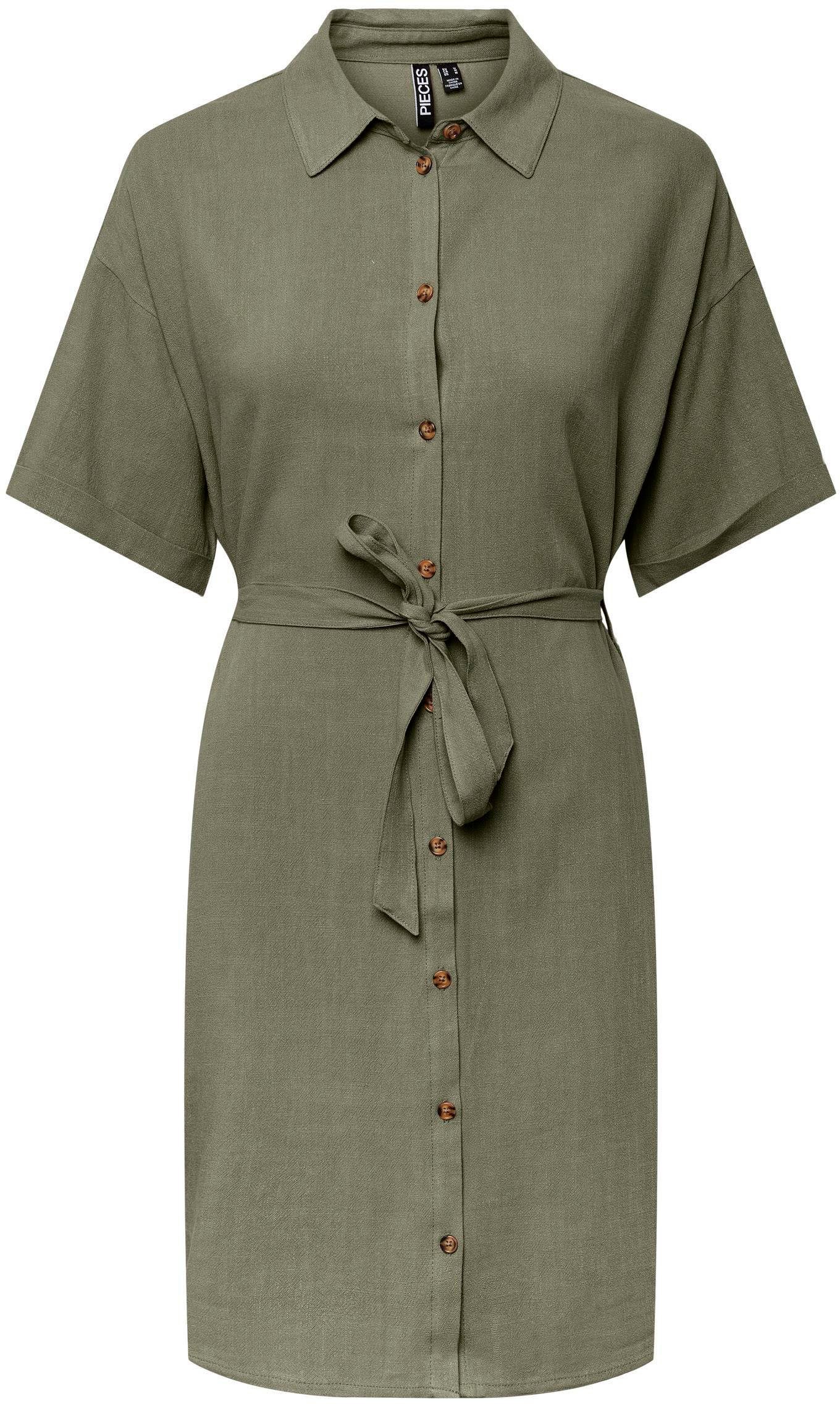 pieces Minikleid PCVINSTY SS SHIRT TIE DRESS NOOS mit Leinen Deep Lichen Green | Sommerkleider