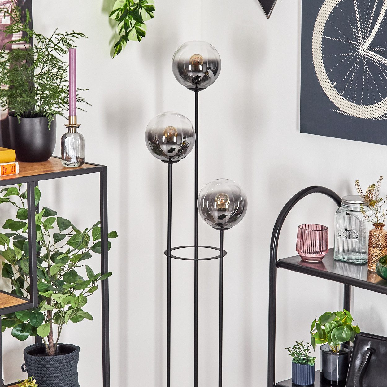 hofstein Stehlampe Stehlampe aus Metall/Holz/Glas in Schwarz/Natur/Rauchfarben/Klar, ohne Leuchtmittel, Stehleuchte im Retro-Design m. Glasschirmen (15cm), Fußschalter, E14
