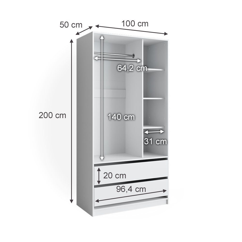 Vicco Kleiderschrank Elmo, Weiß, 100 x 200 cm mit 2 Schubladen (1-St)