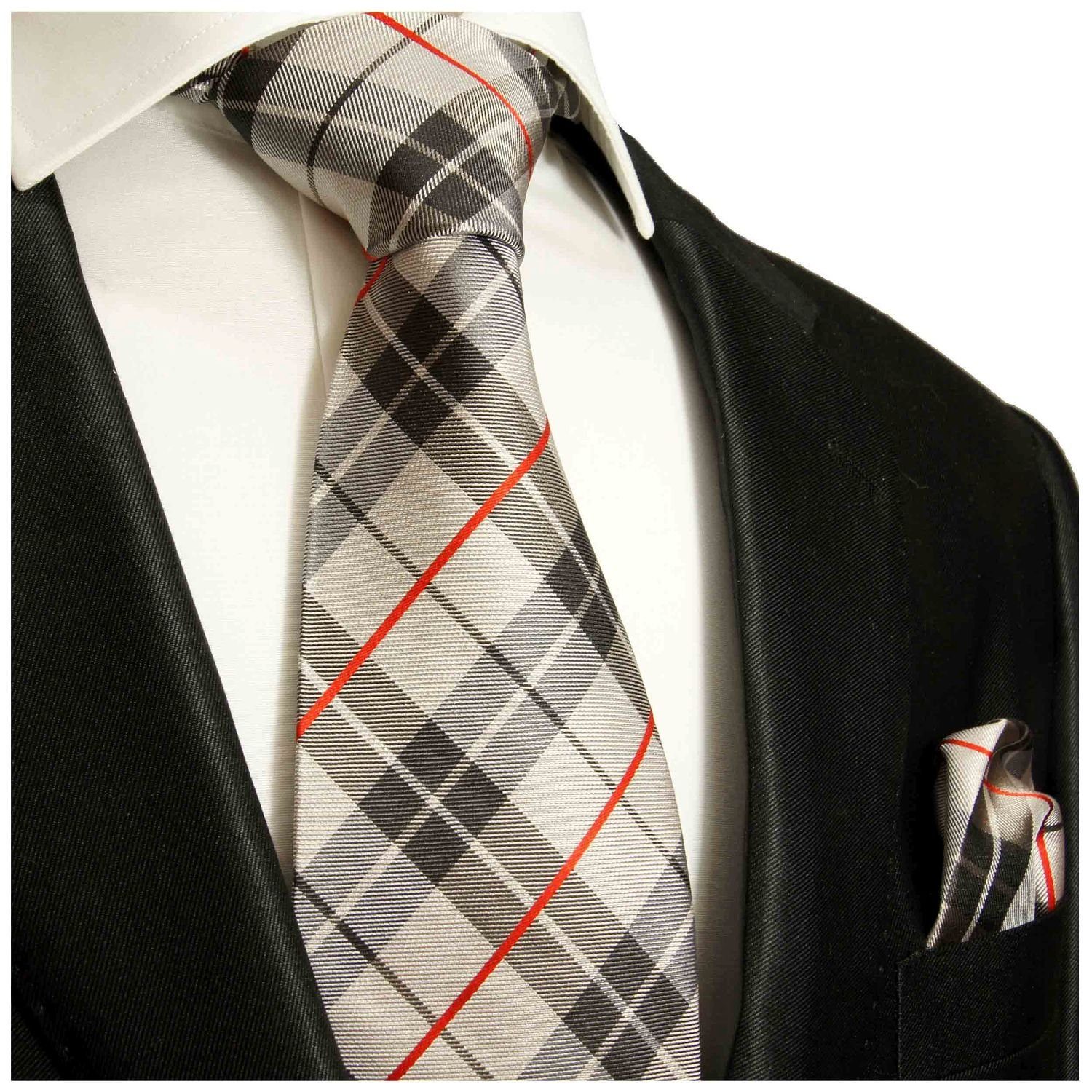 Paul Malone Krawatte Seidenkrawatte und Tuch plaid Schottenmuster 100% Seide (Set, 2-St., Krawatte mit Einstecktuch) Breit (8cm), beige rot 983