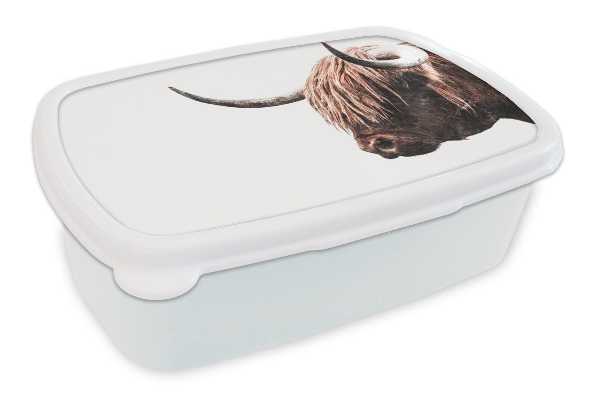 MuchoWow Lunchbox Schottische Highlander - Kühe - Hoorn, Kunststoff, (2-tlg), Brotbox für Kinder und Erwachsene, Brotdose, für Jungs und Mädchen weiß