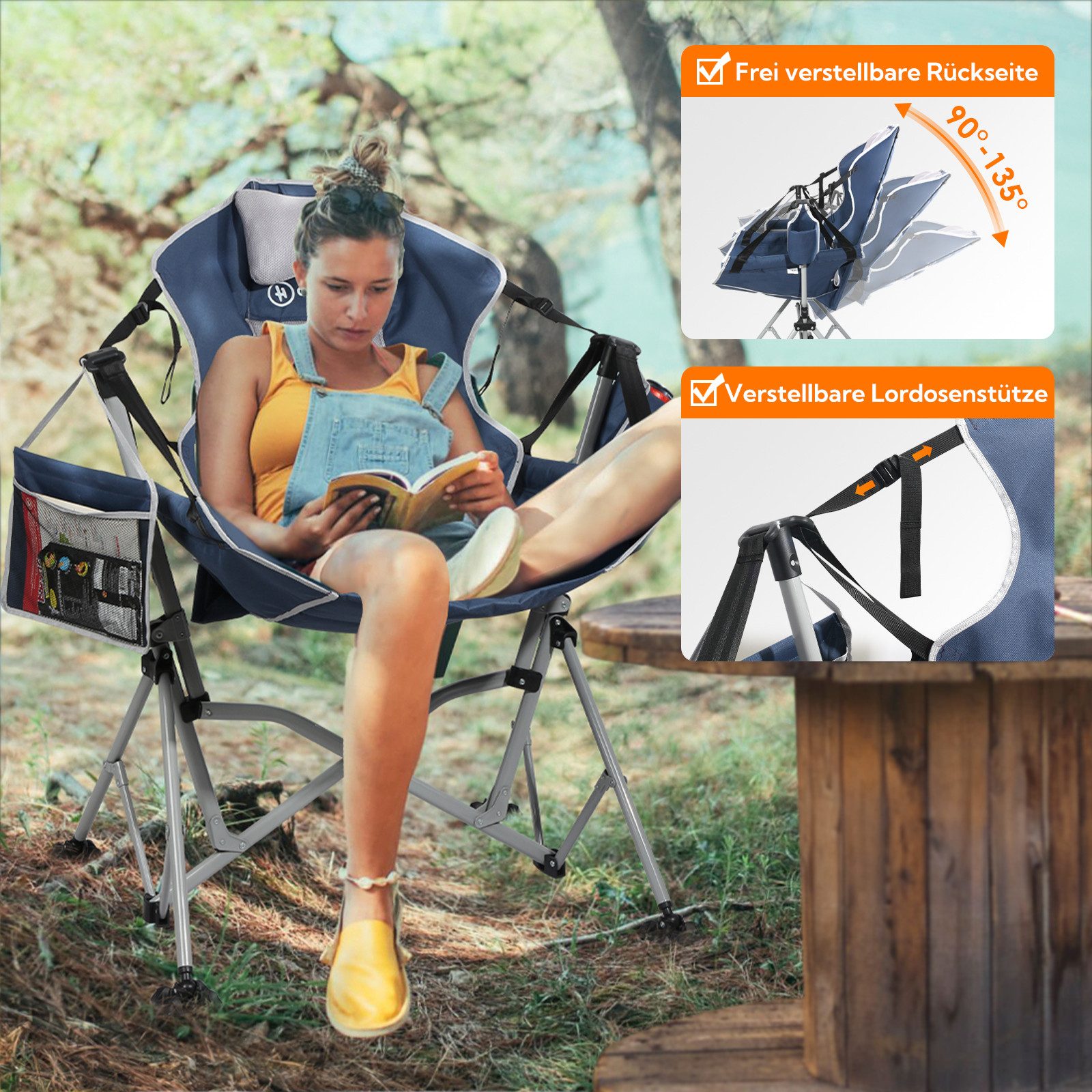 HOMECALL Campingstuhl Stühleschaukelstuhl outdoor Klappstuhl Faltbare Hängestuhl (Biz 180 KG, mit verstellbarer Rückenlehne, Lordosenstütze und Kopfstütze) – Bild 3 von 5