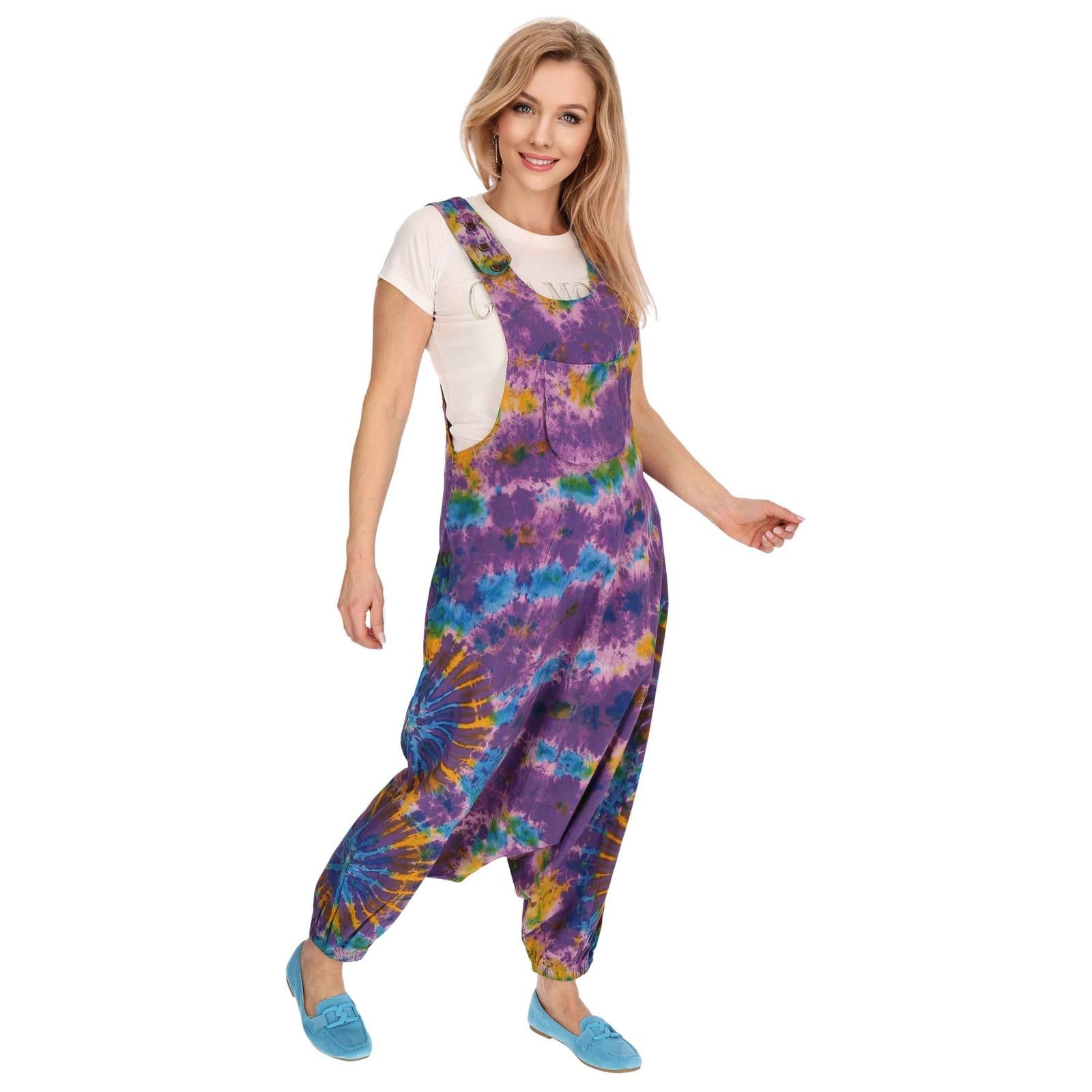 Latzhose UND Jumpsuit Psy / KUNST Dye Lila Batik Tie Bunt Haremshose 70er Boho MAGIE Purple Hose Latzhose