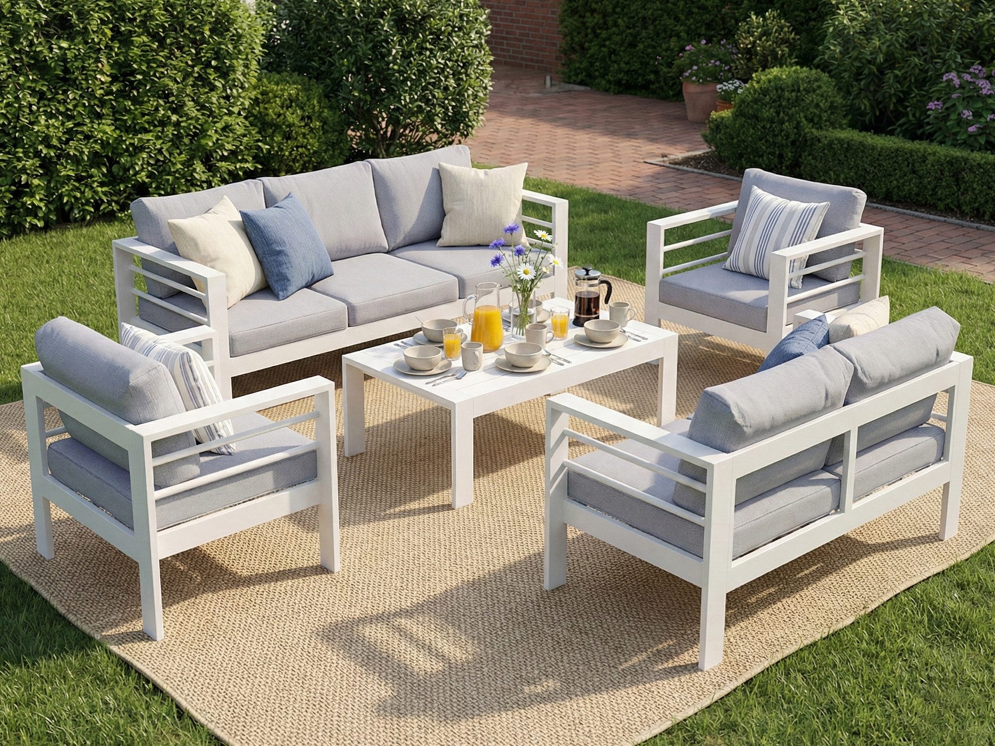 MeXo Gartenlounge-Set XXL Gartenmöbel Set Aluminium Outdoor, (weiß, harmonieren mit Licht bei Nacht, 5-tlg., Passt zum skandinavischen, mediterranen oder minimalistischen Stil), wetterfest Sitzgruppe Essgruppe Gartengarnitur für 6-7 Personen