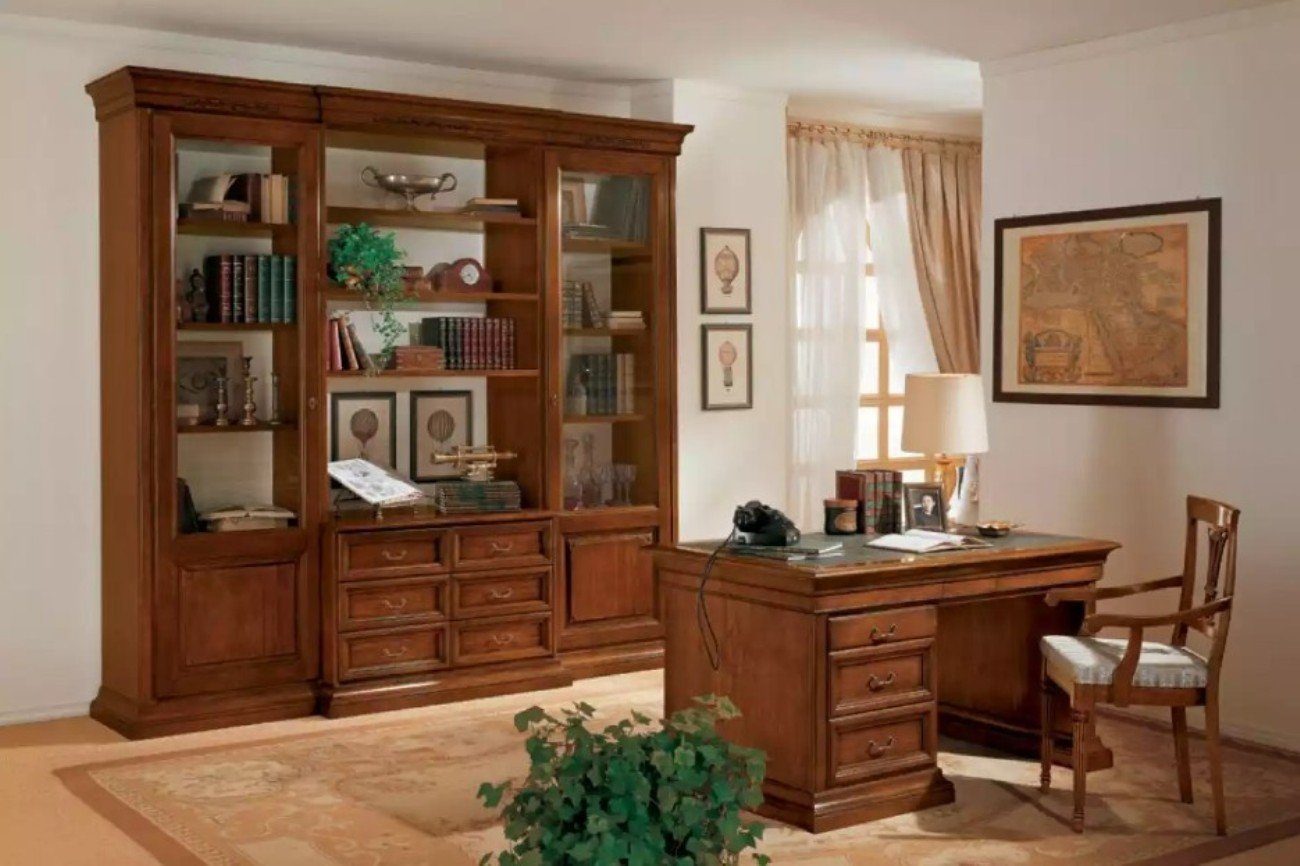 JVmoebel Schreibtisch Schreibtisch Bücherregal Sessel Italienische Möbel Büro Holz Tische (3-St., 1x Esstisch + 1x Bücherregal + 1x Sessel), Made in Europa