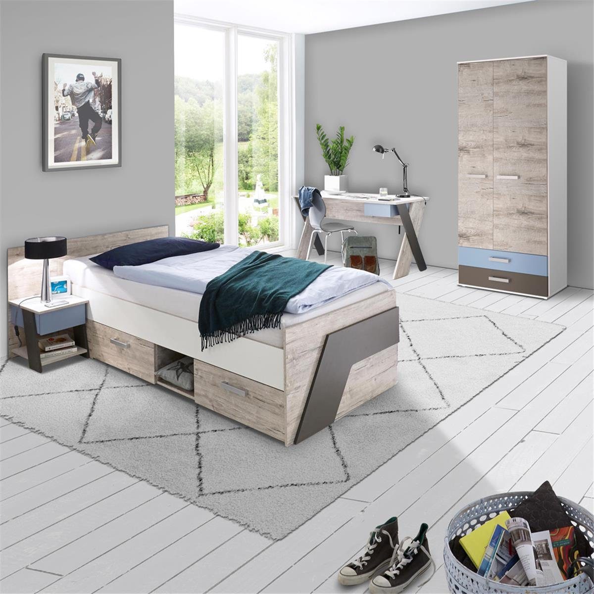 Lomadox Jugendzimmer-Set »LEEDS-10«, (Sparset, 4-tlg), mit Bett 90x200 cm  4-teilig mit Kleiderschrank in Sandeiche Nb. mit weiß, Lava und Denim Blau