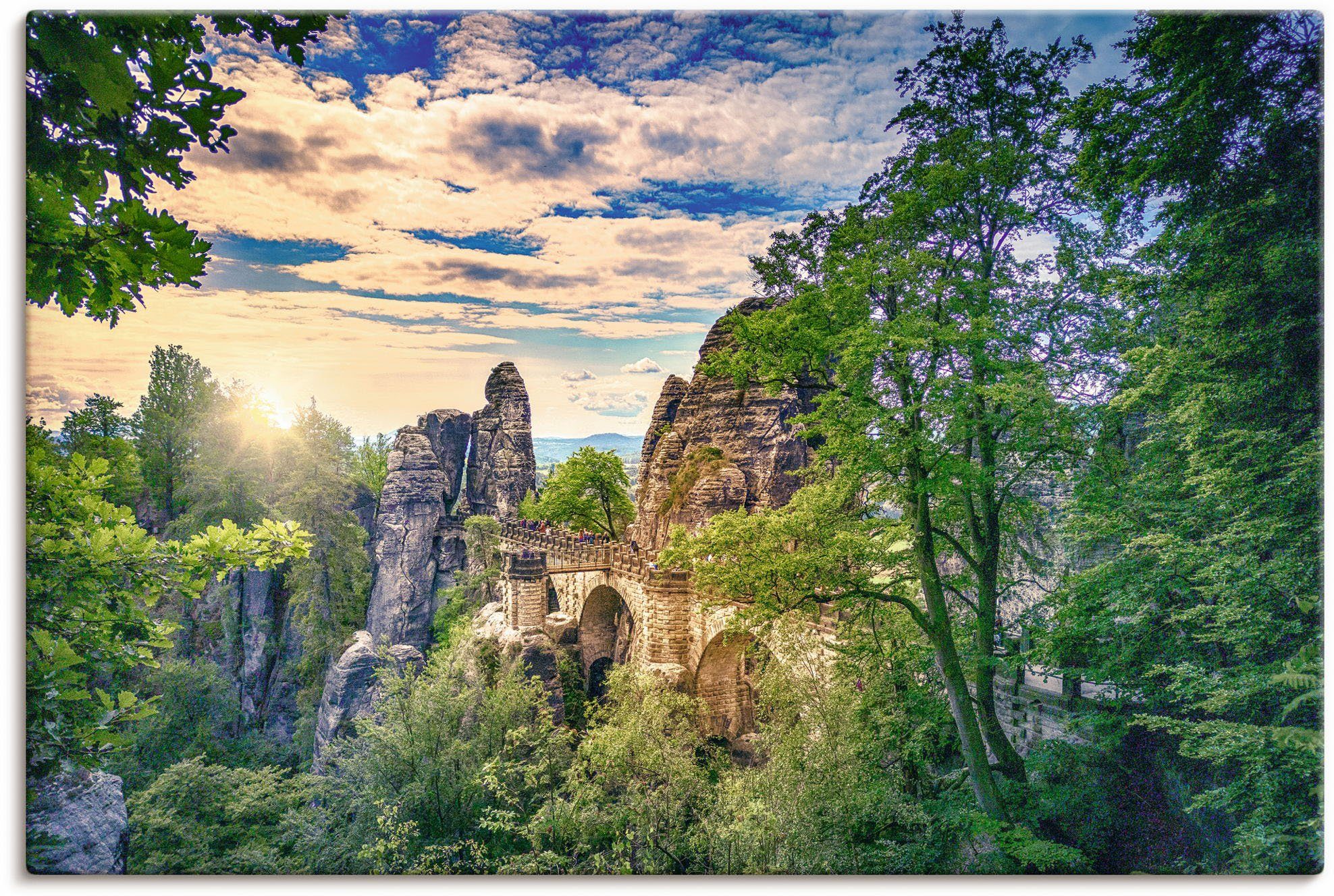 oder Wandbild Größen Felsen Schweiz, der Sächsischen Poster (1 Alubild, Artland versch. in Wandaufkleber St), Leinwandbild, Basteibrücke als in