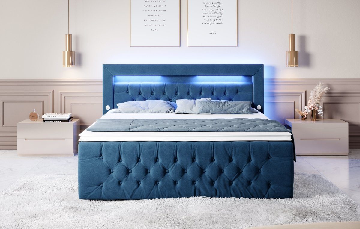 Blue Stauraum mit indirekter Luxusbetten24 und USB Sunshine, Boxspringbett Beleuchtung,