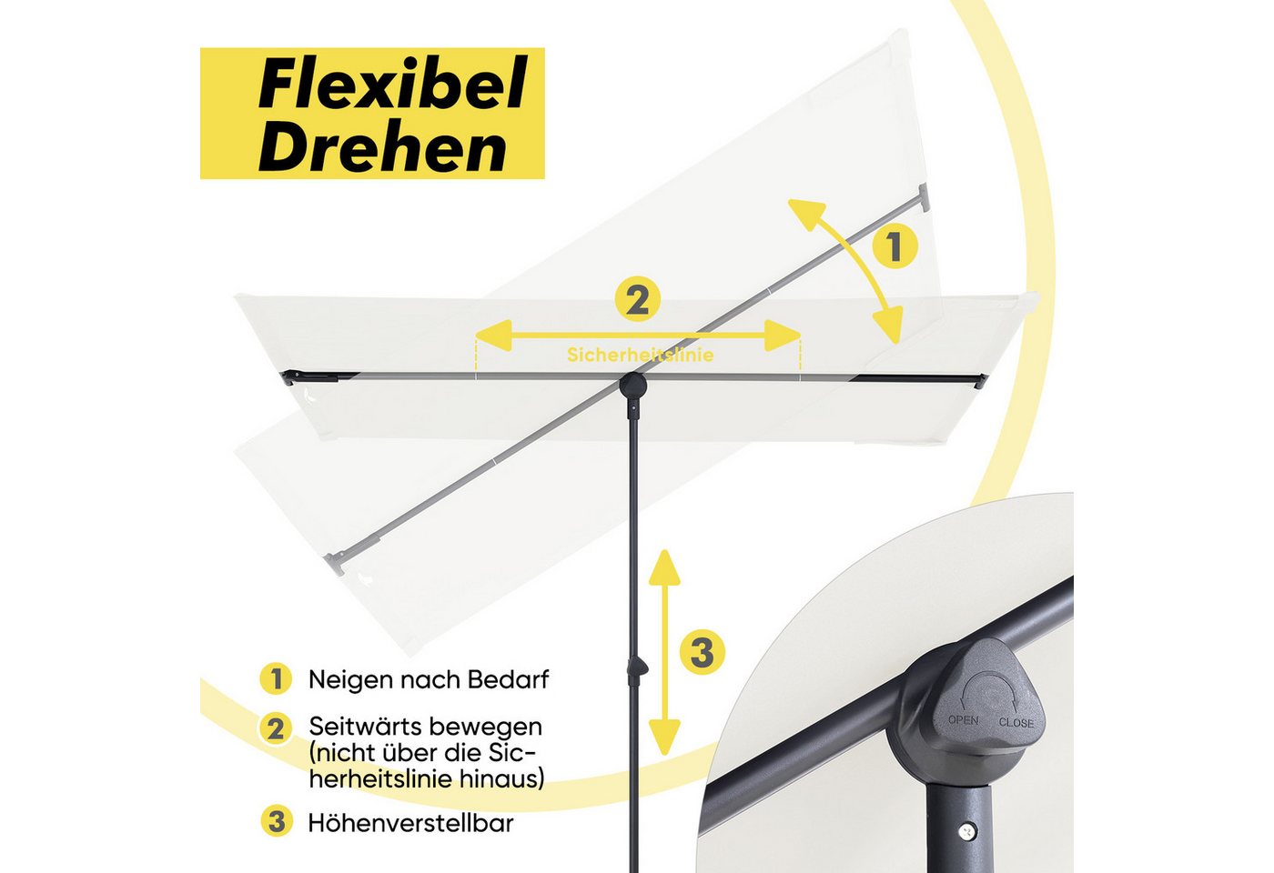 Thumbnail - Sekey Balkonschirm 180 x 130 cm Rechteckiger Sonnenschirm Balkon, flexibler Allrounder, LxB: 180,00x130,00 cm, Drehbare ...