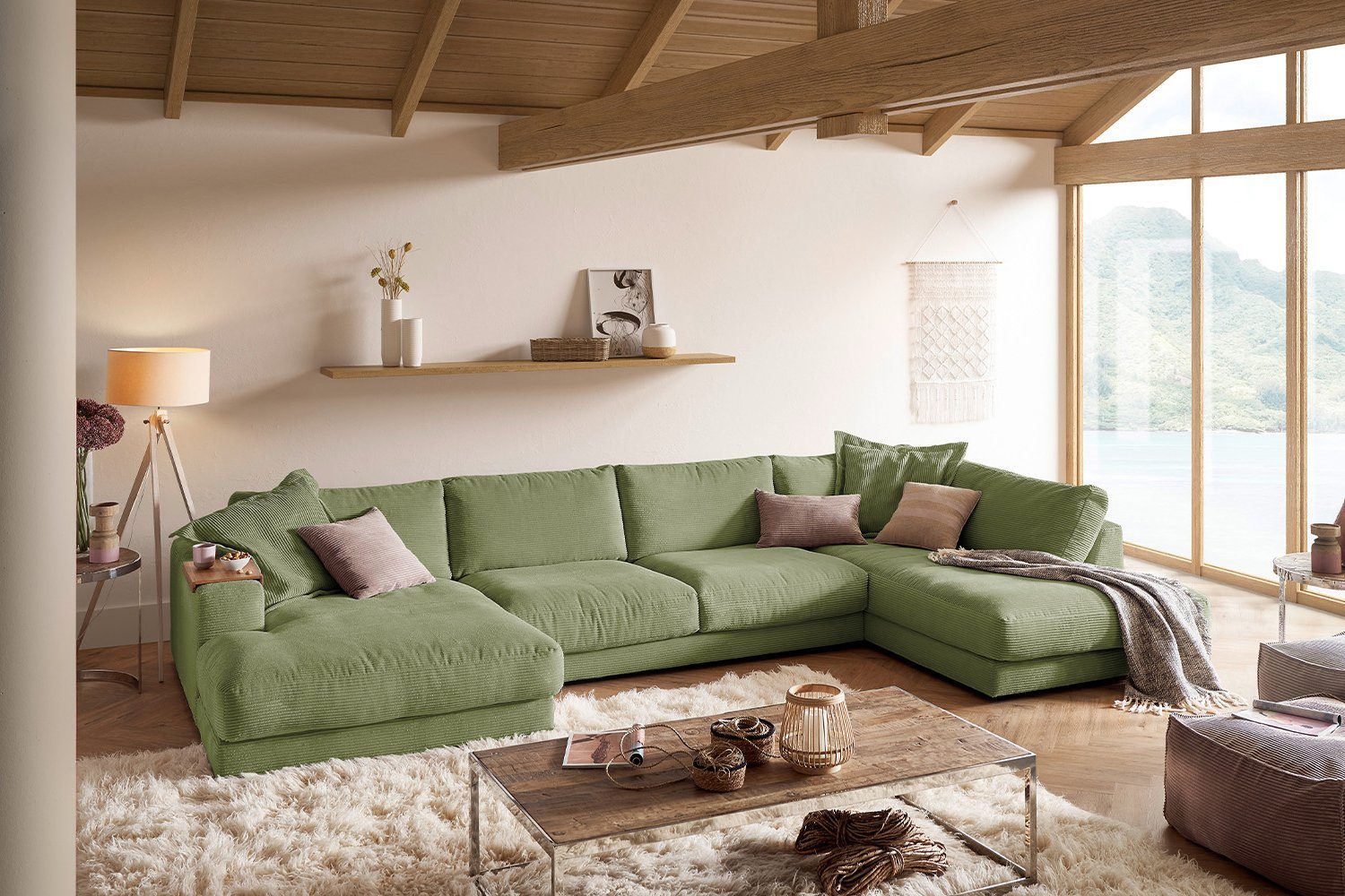 Sofa rechts Longchair U-Form Wohnlandschaft MADELINE, links, od. versch. Cord, KAWOLA Farben olivgrün