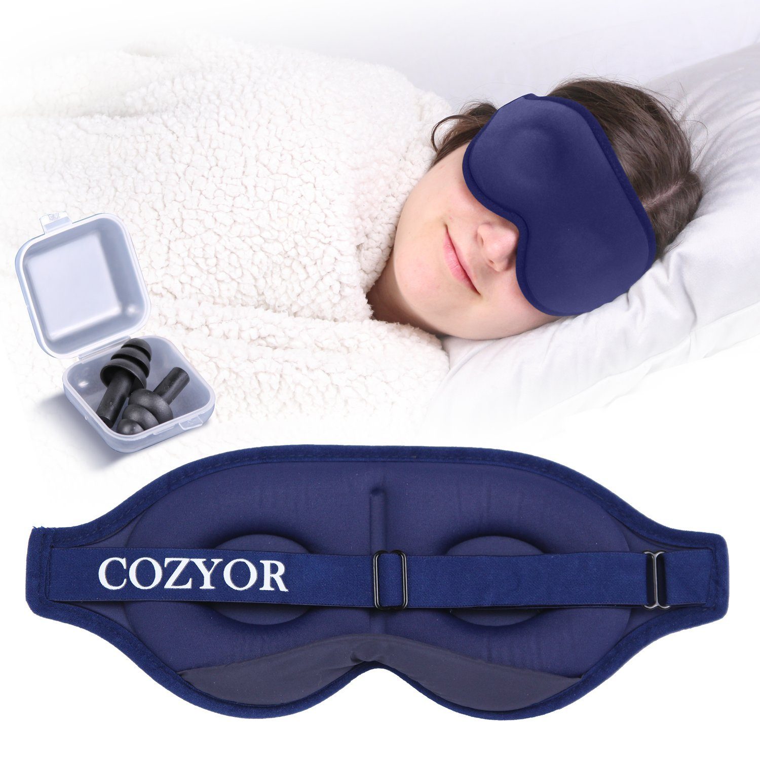 Cozyor Schlafmaske 100% Blackout-Effekt 3D Augenmaske mit ergonomischem Design, Reiseset klein & kompakt, blau Ocean, 2-tlg., Schlafmaske mit wiederverwendbaren Ohrstöpseln, extra Polsterung und variable Passform