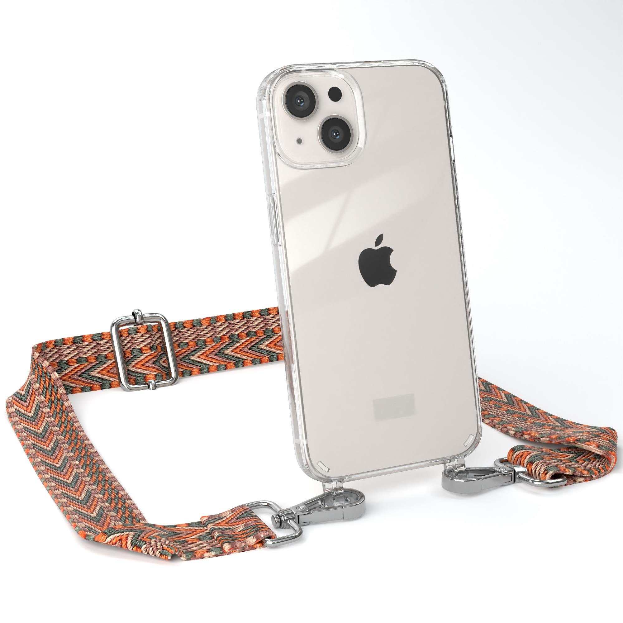 EAZY CASE Handykette Boho Umhängeband für Apple iPhone 13 6,1 Zoll, schmaler Gürtel Kordel transparenter Silikonhülle Umhängetasche Orange
