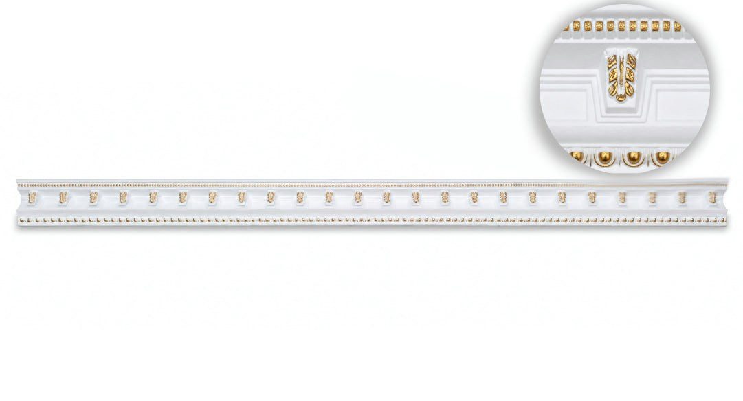 JVmoebel Stuckleiste Deckenleiste Barock Goldweiß Zierprofil 200 cm Klassik Sofort, Kleben, XPS, Dekorative Deckenleiste mit goldfarbenem Ornament im klassischen Stil
