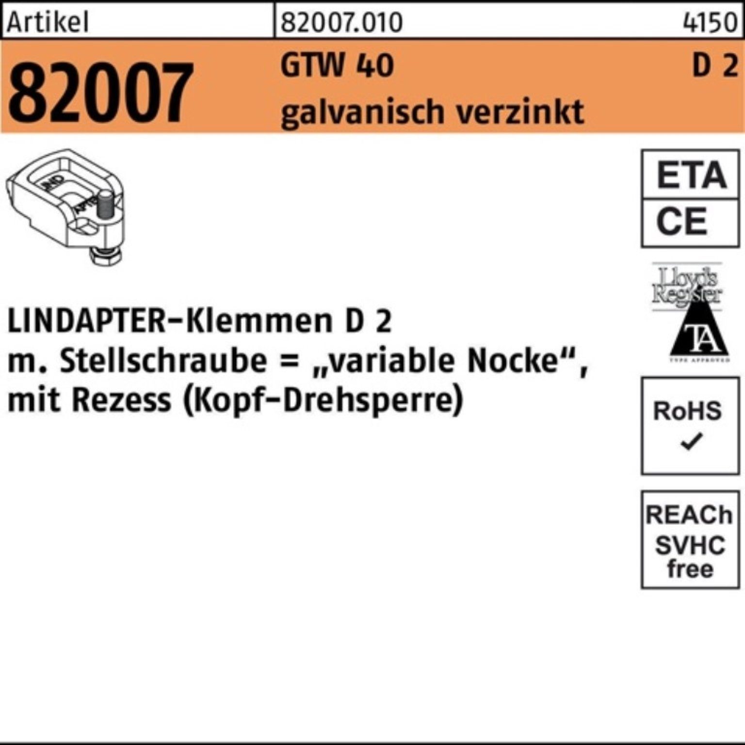 R 22 GTW 82007 M12/10 galv.verz. 1 Klemmen 40 - Stück D2 L Lindapter 100er Klemmen Pack