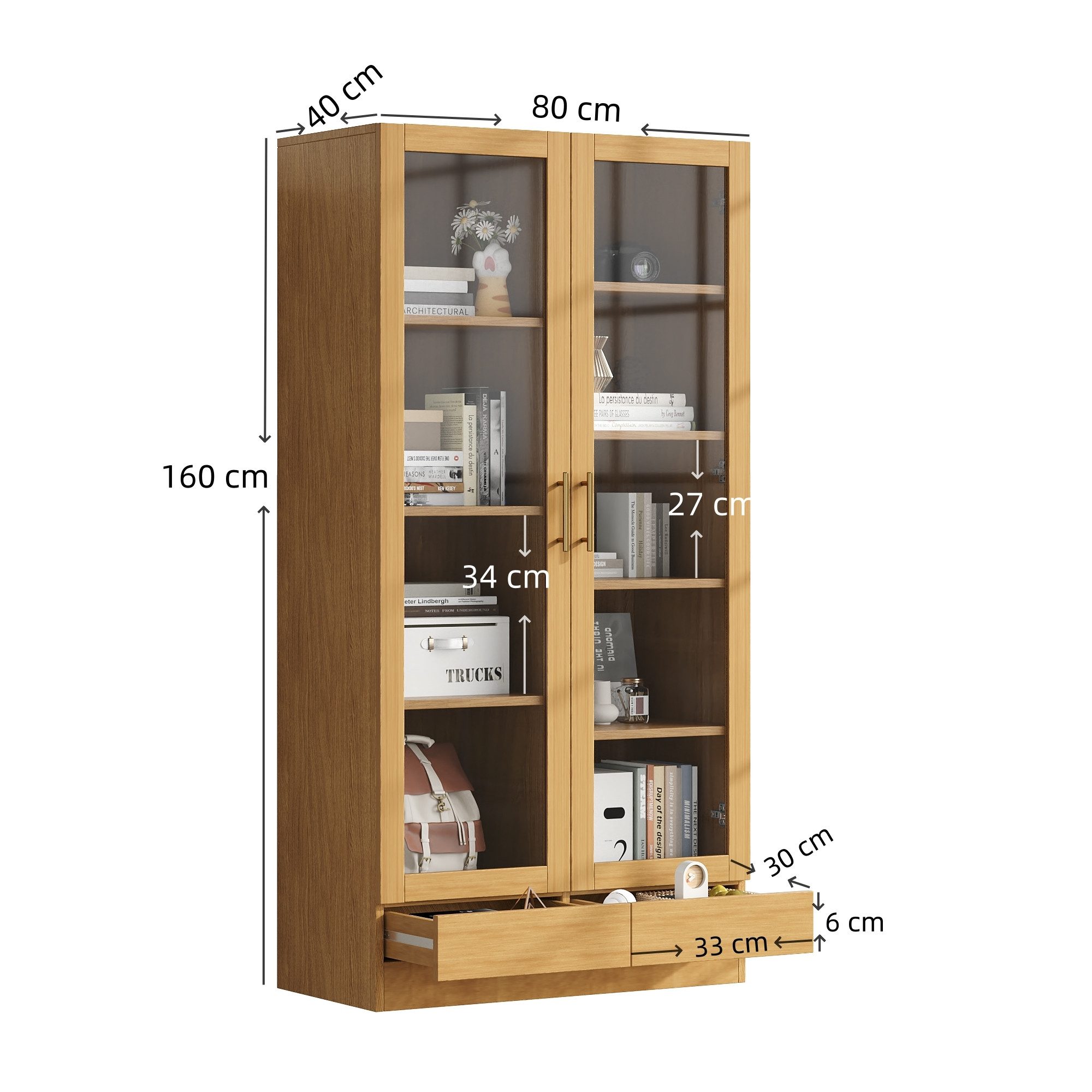 Flieks Glasvitrine Bücherregal mit 2 Glastüren und Schubladen (80x40x160 cm, 1-St) Hochschrank Aktenschrank Mehrzweckschrank mit 9 Fächern Holzoptik – Bild 5 von 5