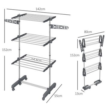 HOMCOM Wäscheständer Turm Wäscheständer mit Rollen, 3 Ebenen, für Indoor, Outdoor, Stahl Grau 80,142 x 55 x 152 cm